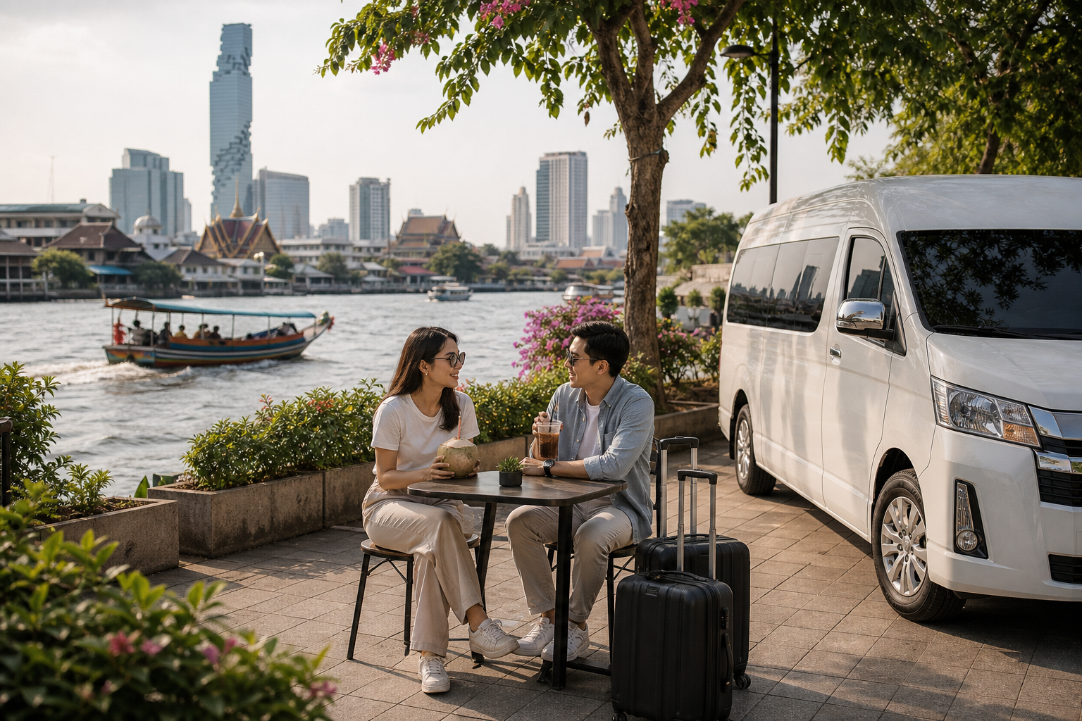 First-day Bangkok riverside stop after private airport pickup