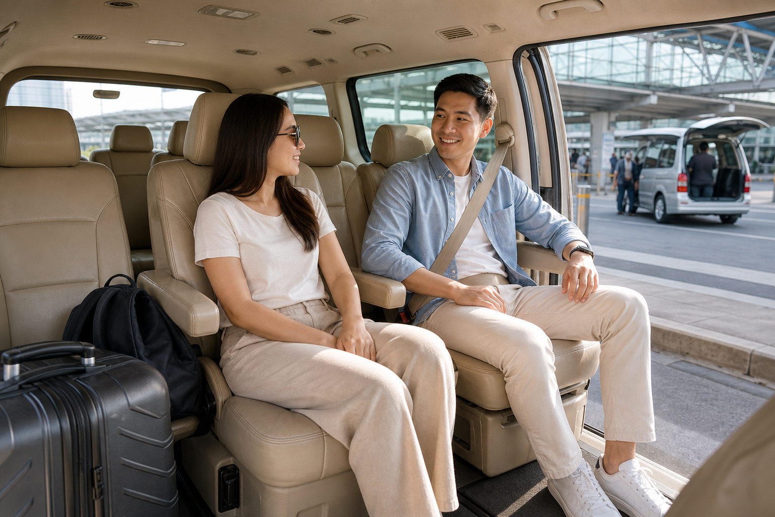 Travelers inside a clean private van after arriving in Bangkok