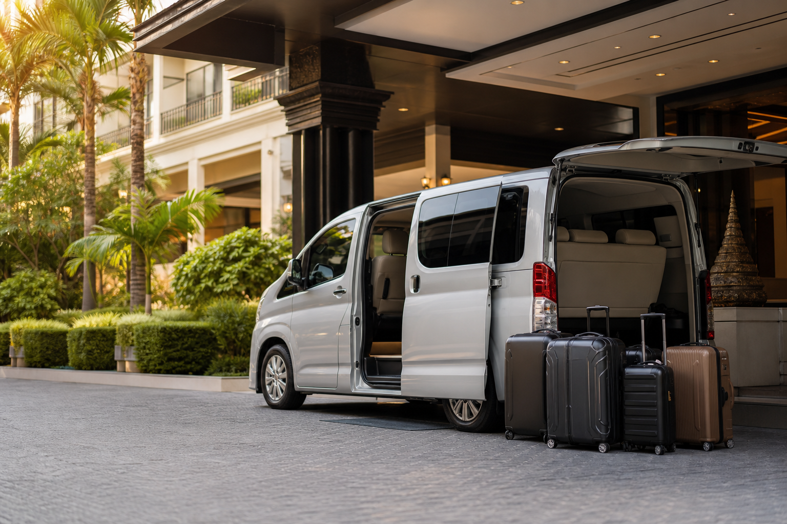 Suitcases beside a private van during a Bangkok hotel arrival