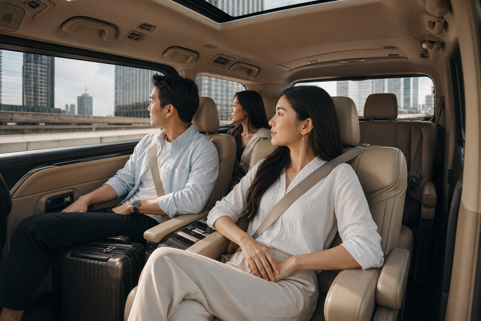Travelers resting inside a private van after landing in Bangkok