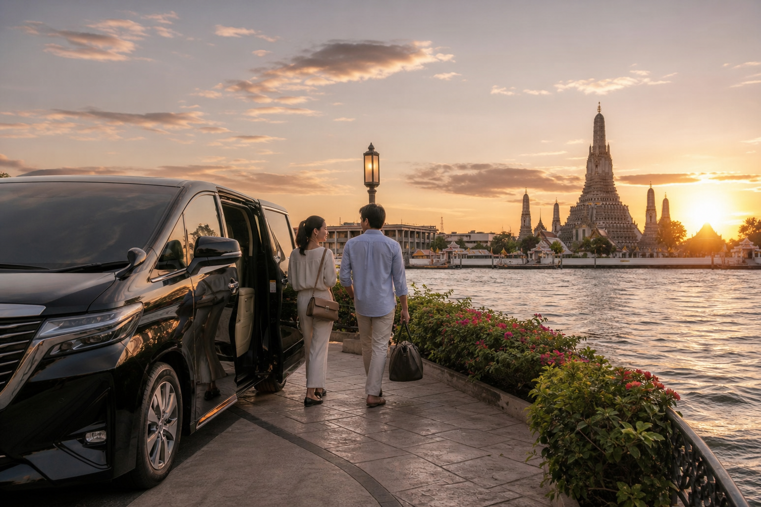 Relaxed Bangkok riverside stop during a private arrival-day route