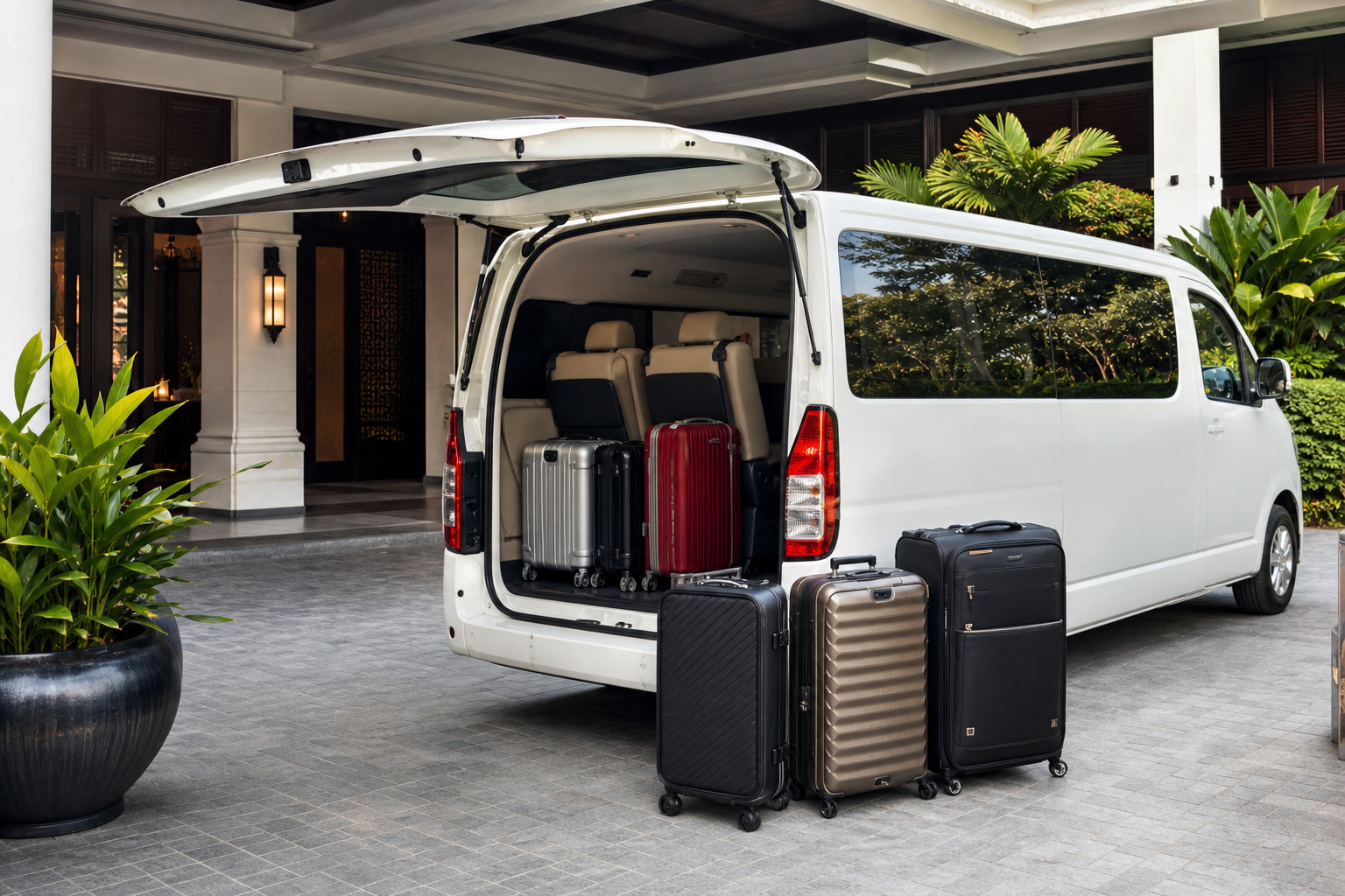 Suitcases beside a private van during a Bangkok hotel arrival