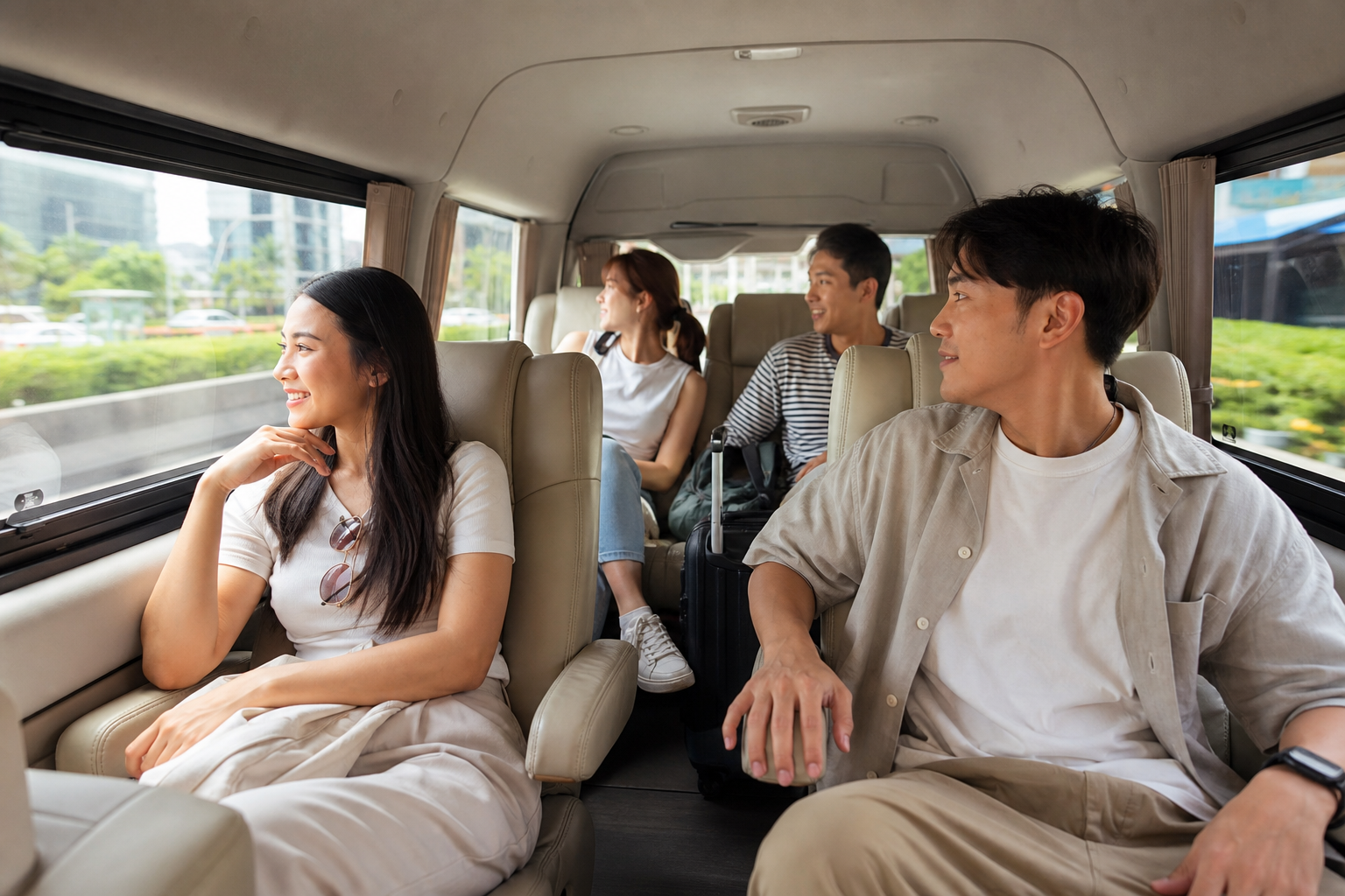 Travelers resting inside a private van after landing in Bangkok