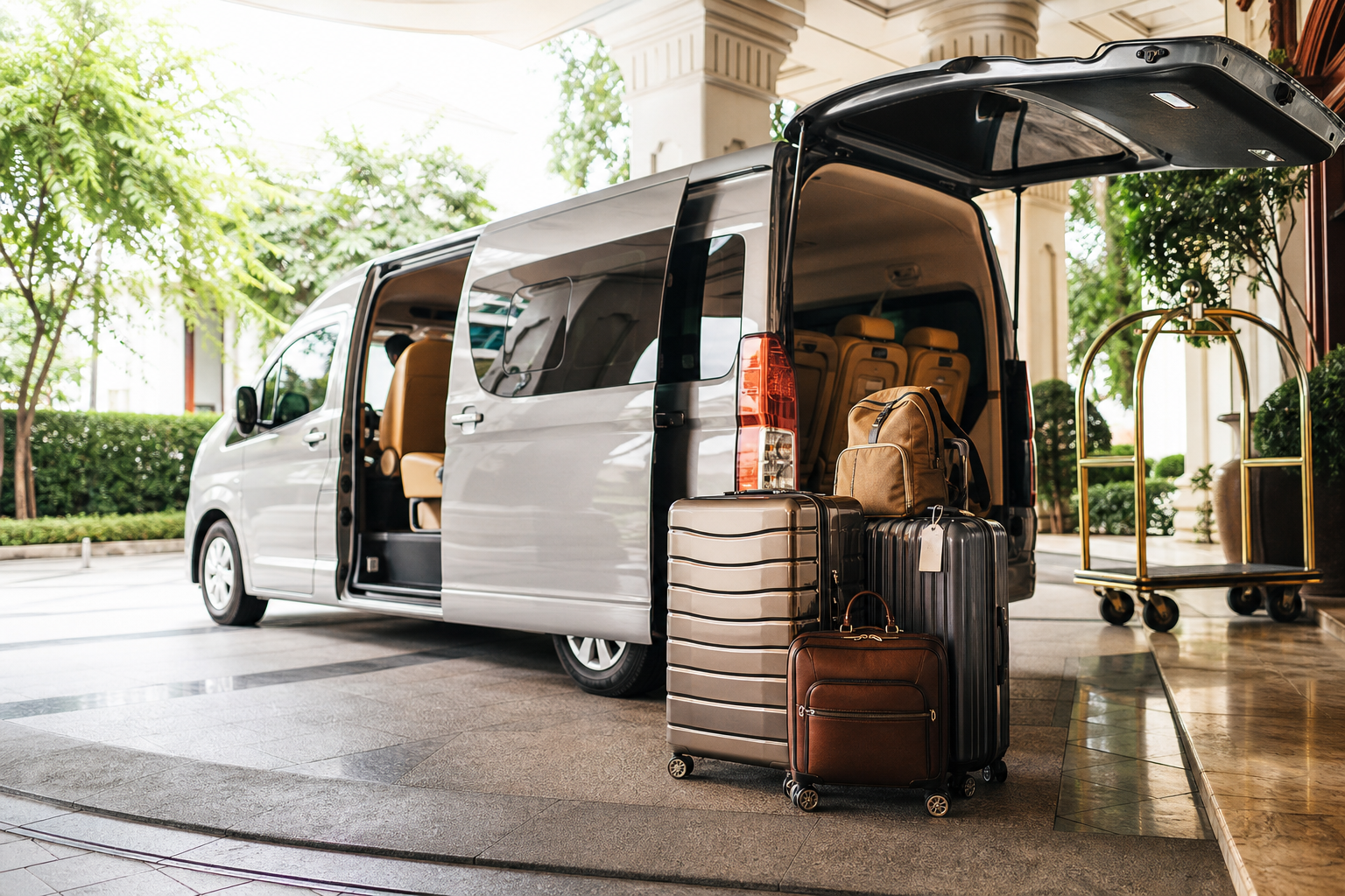 Suitcases beside a private van during a Bangkok hotel arrival