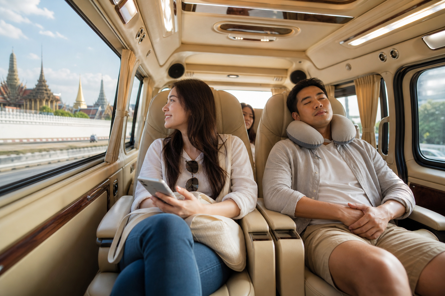Travelers resting inside a private van after landing in Bangkok