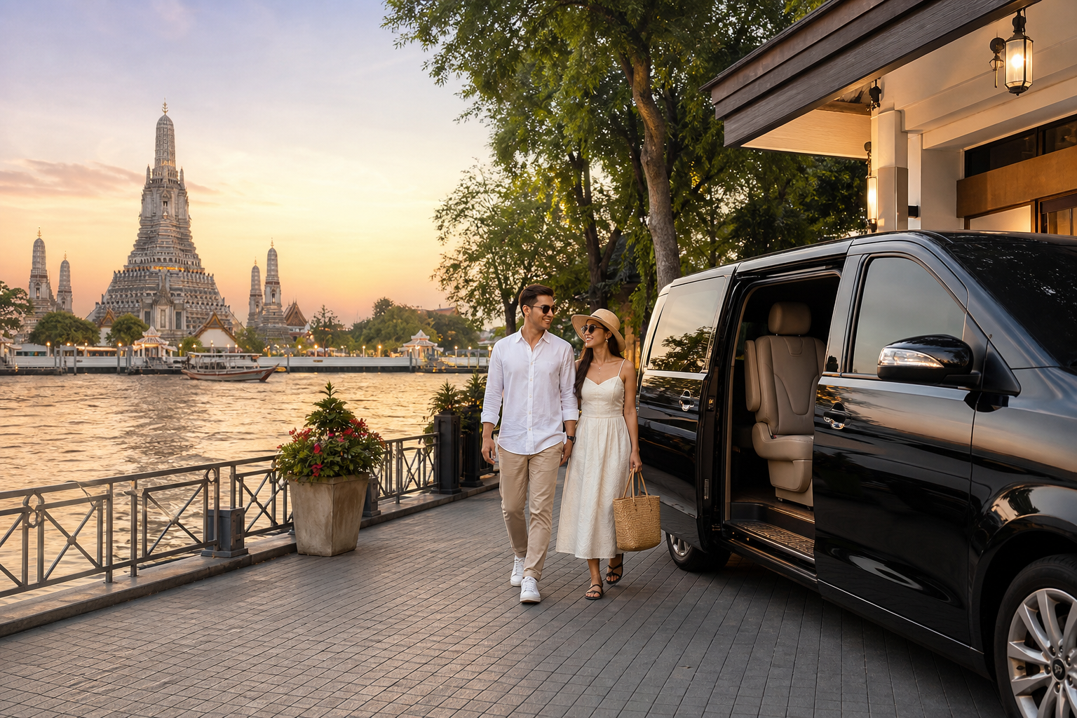 Relaxed Bangkok riverside stop during a private arrival-day route