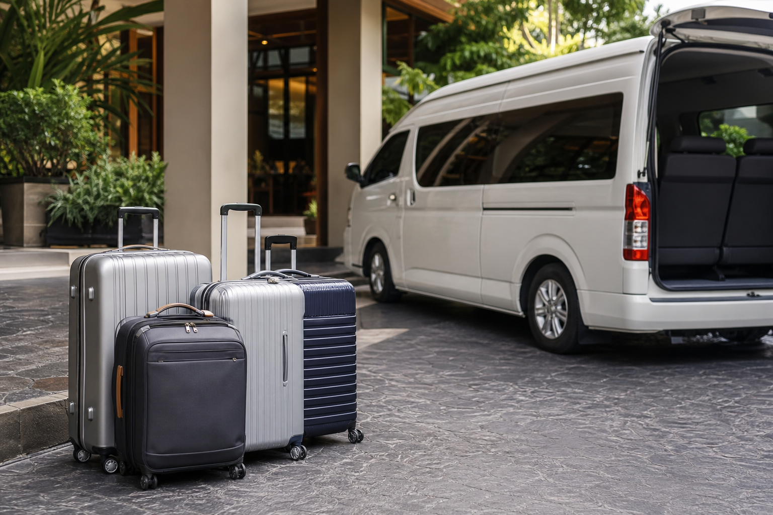 Suitcases beside a private van during a Bangkok hotel arrival