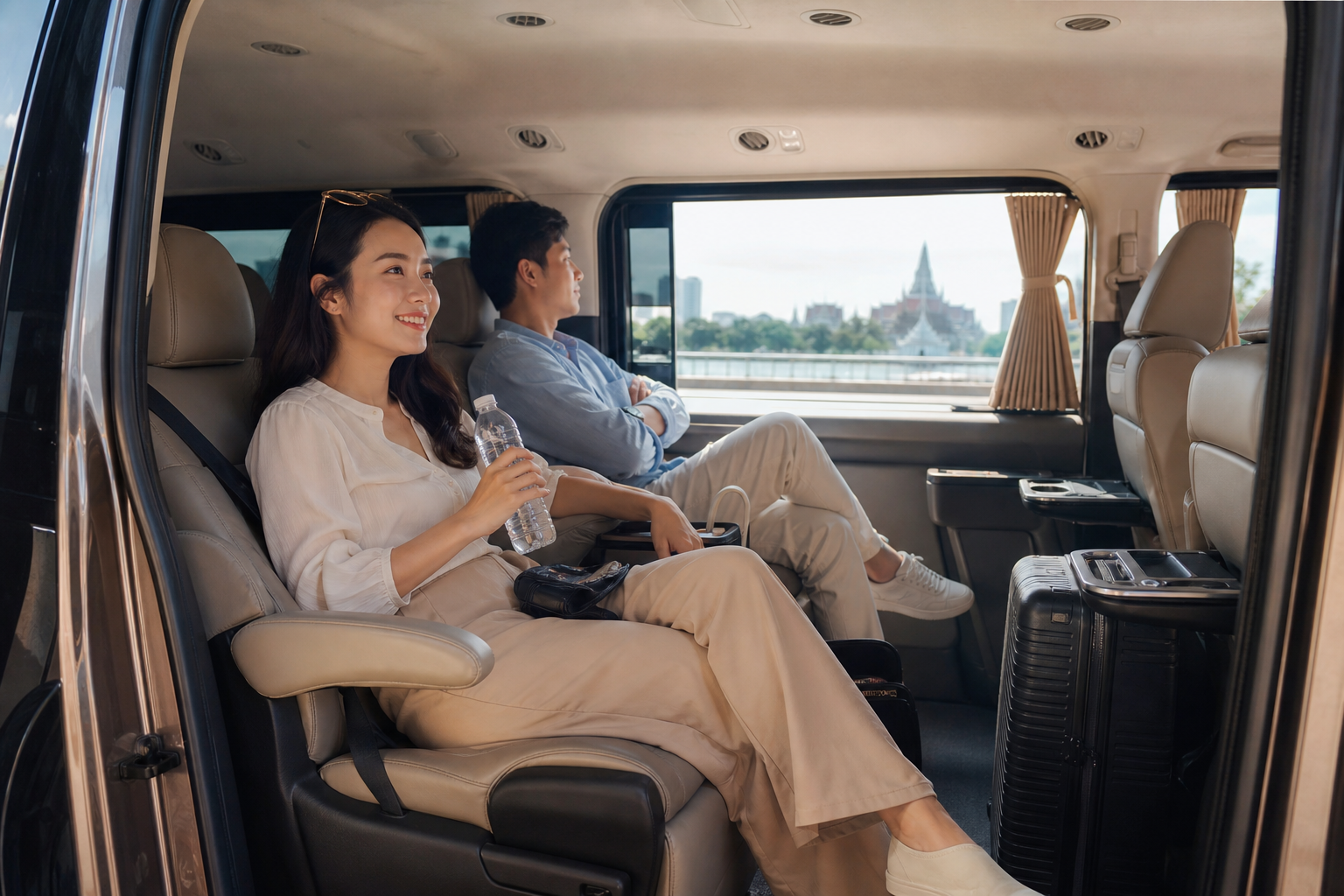 Travelers resting inside a private van after landing in Bangkok