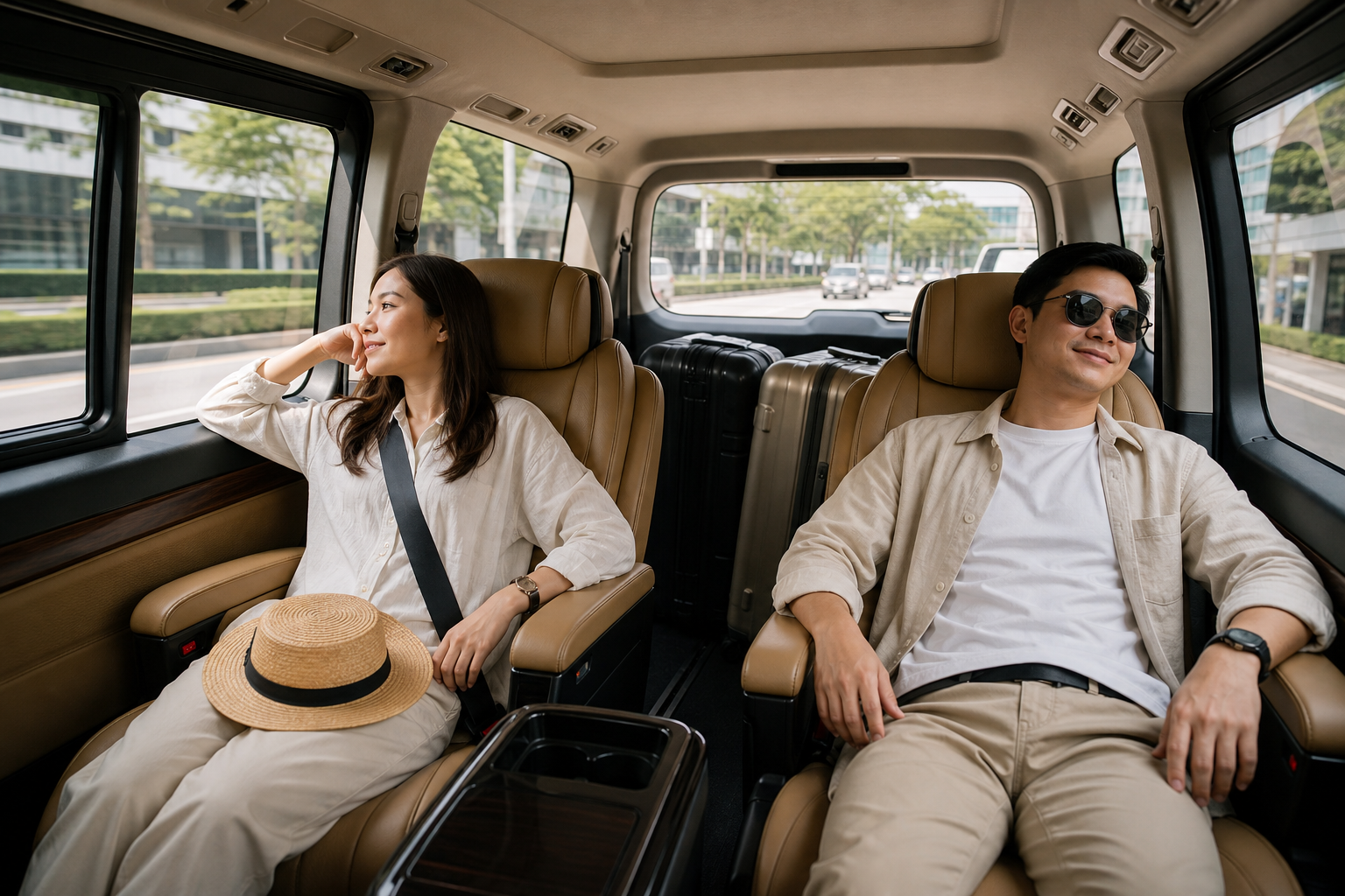 Travelers resting inside a private van after landing in Bangkok