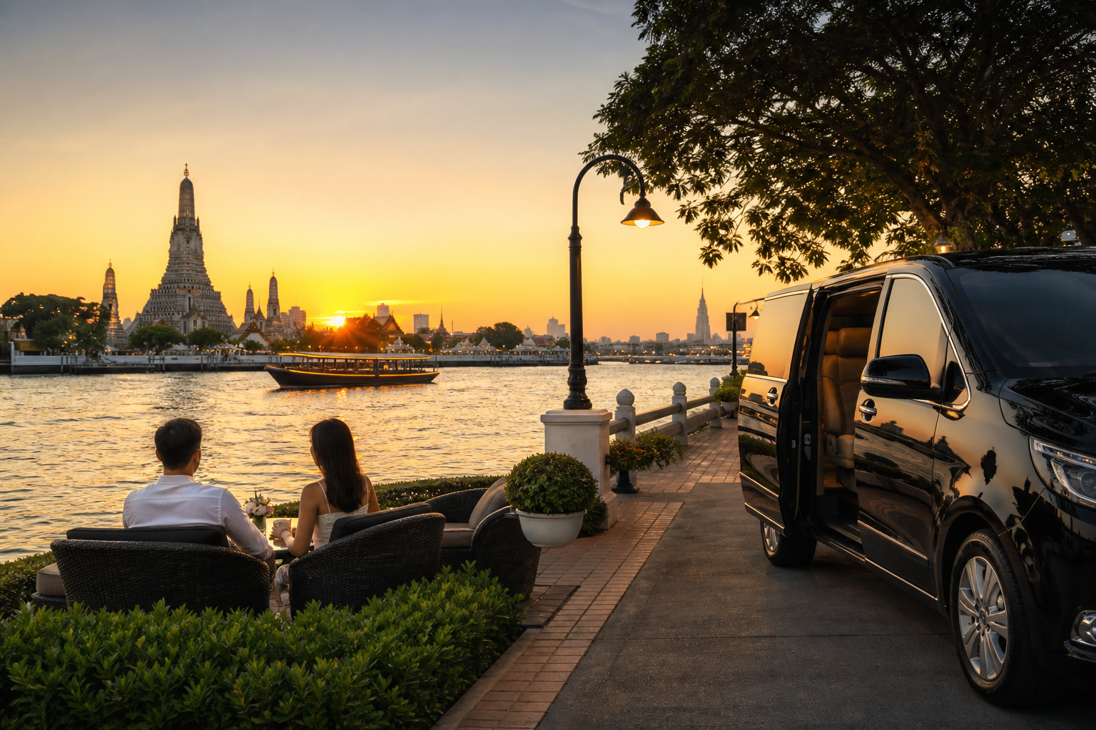 Relaxed Bangkok riverside stop during a private arrival-day route