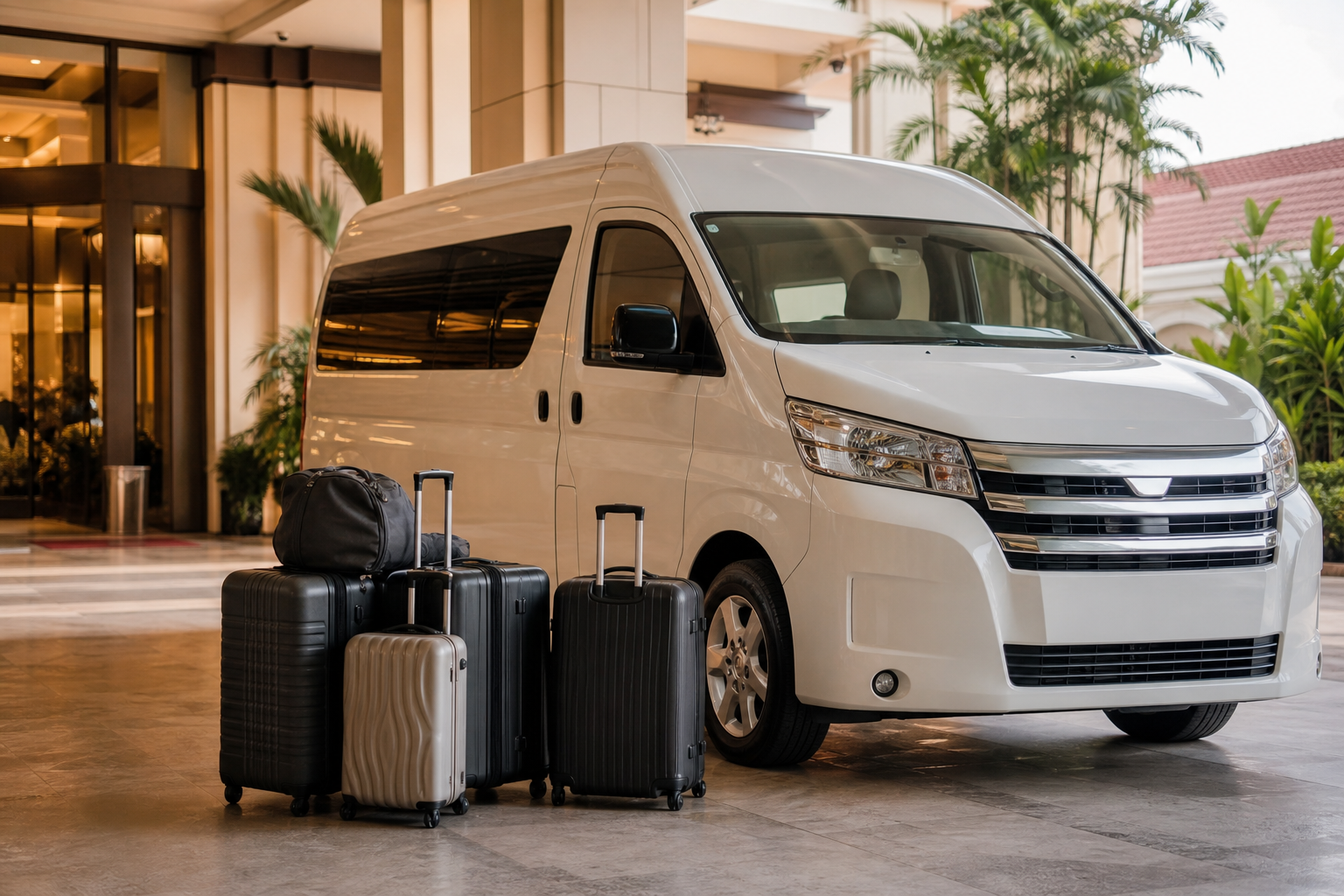 Suitcases beside a private van during a Bangkok hotel arrival