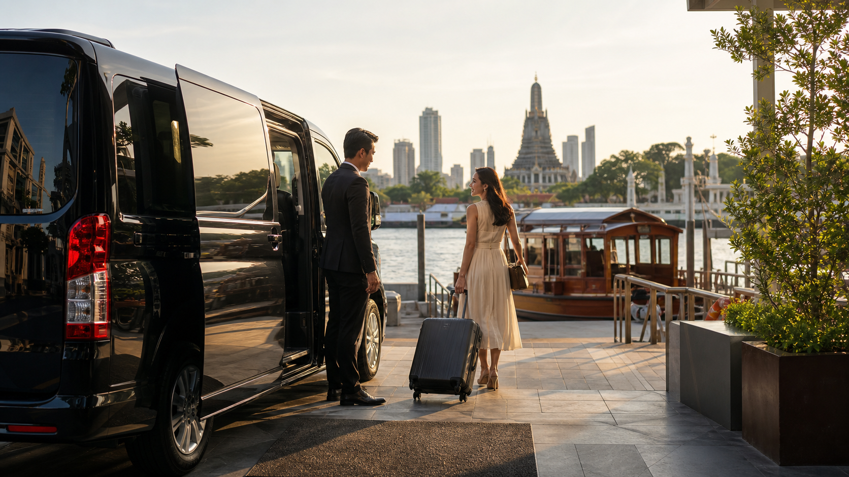 Relaxed Bangkok riverside stop during a private arrival-day route