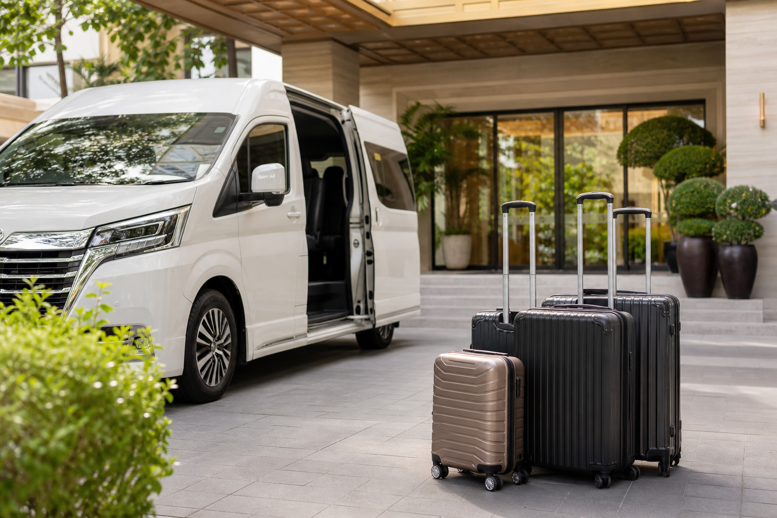 Suitcases beside a private van during a Bangkok hotel arrival