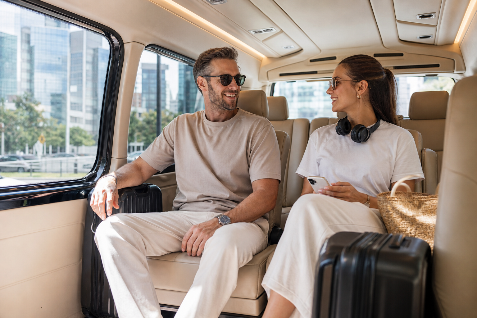 Travelers resting inside a private van after landing in Bangkok