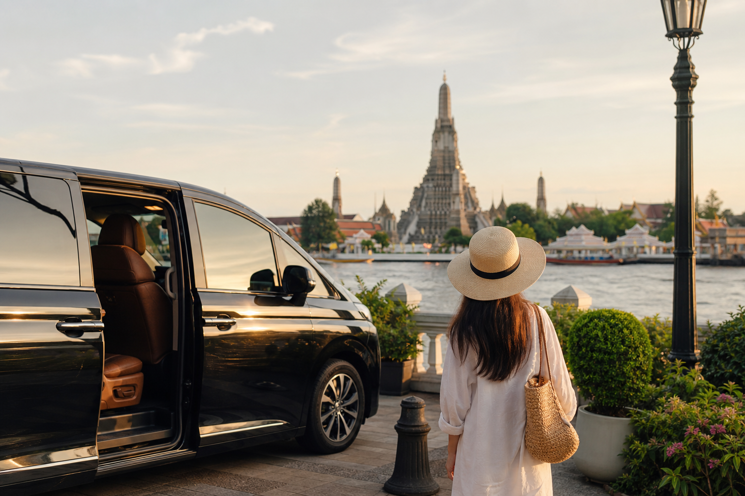 Relaxed Bangkok riverside stop during a private arrival-day route