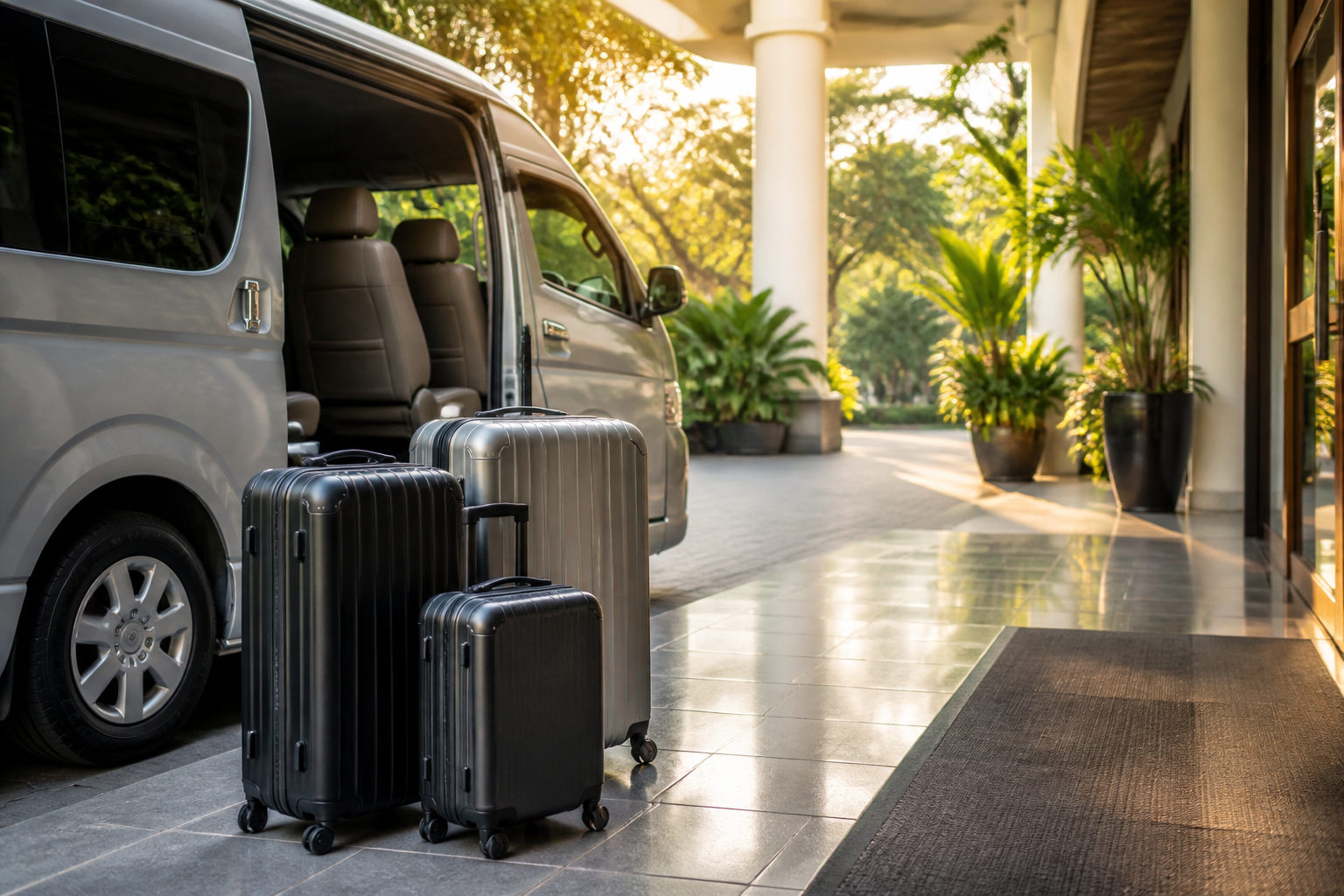 Suitcases beside a private van during a Bangkok hotel arrival
