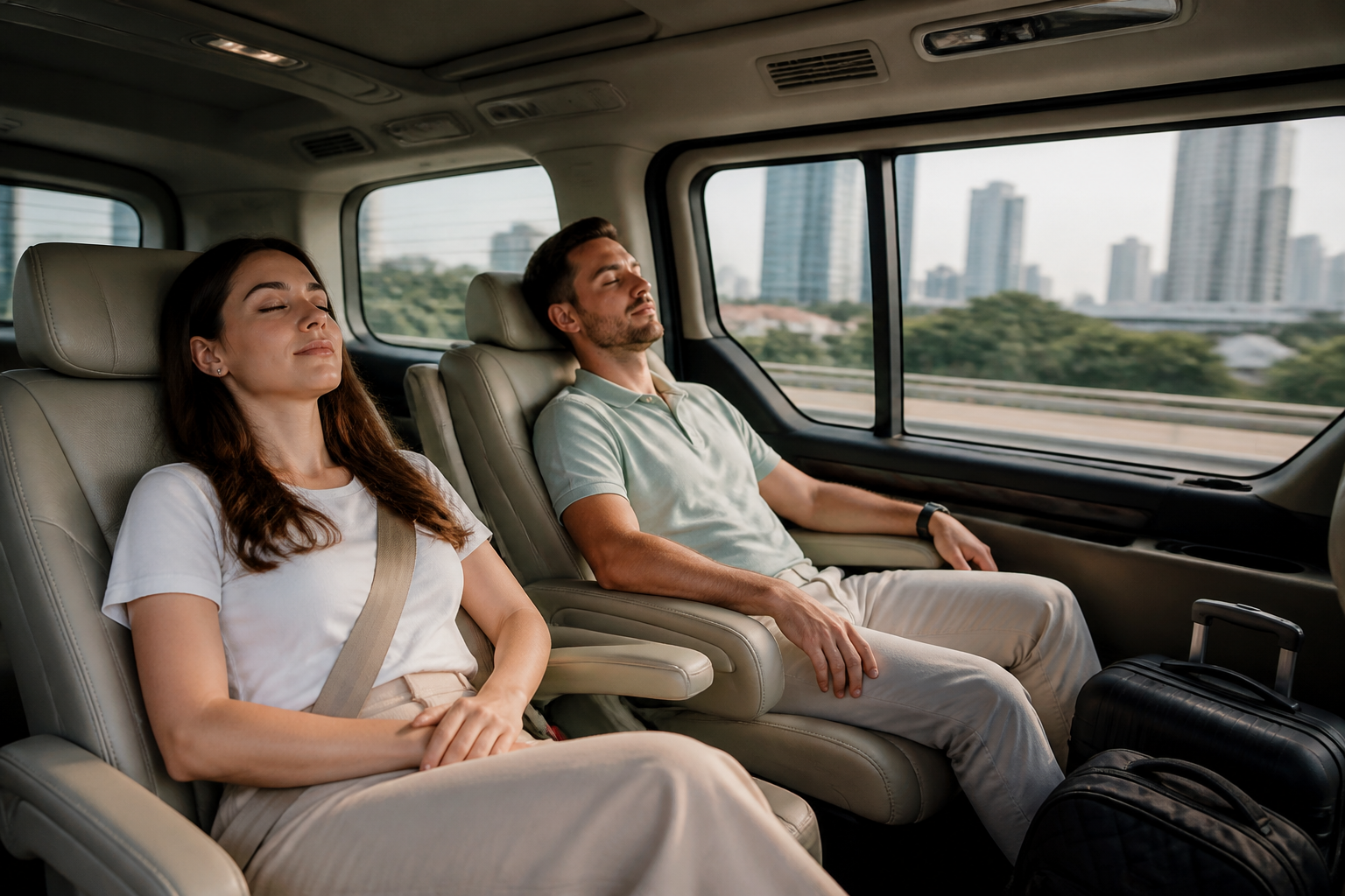 Travelers resting inside a private van after landing in Bangkok