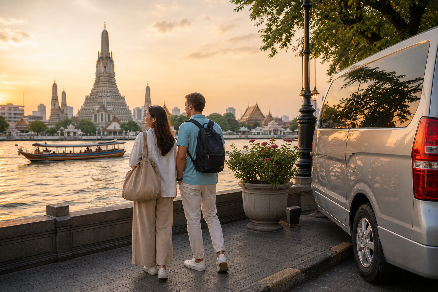 Relaxed Bangkok riverside stop during a private arrival-day route