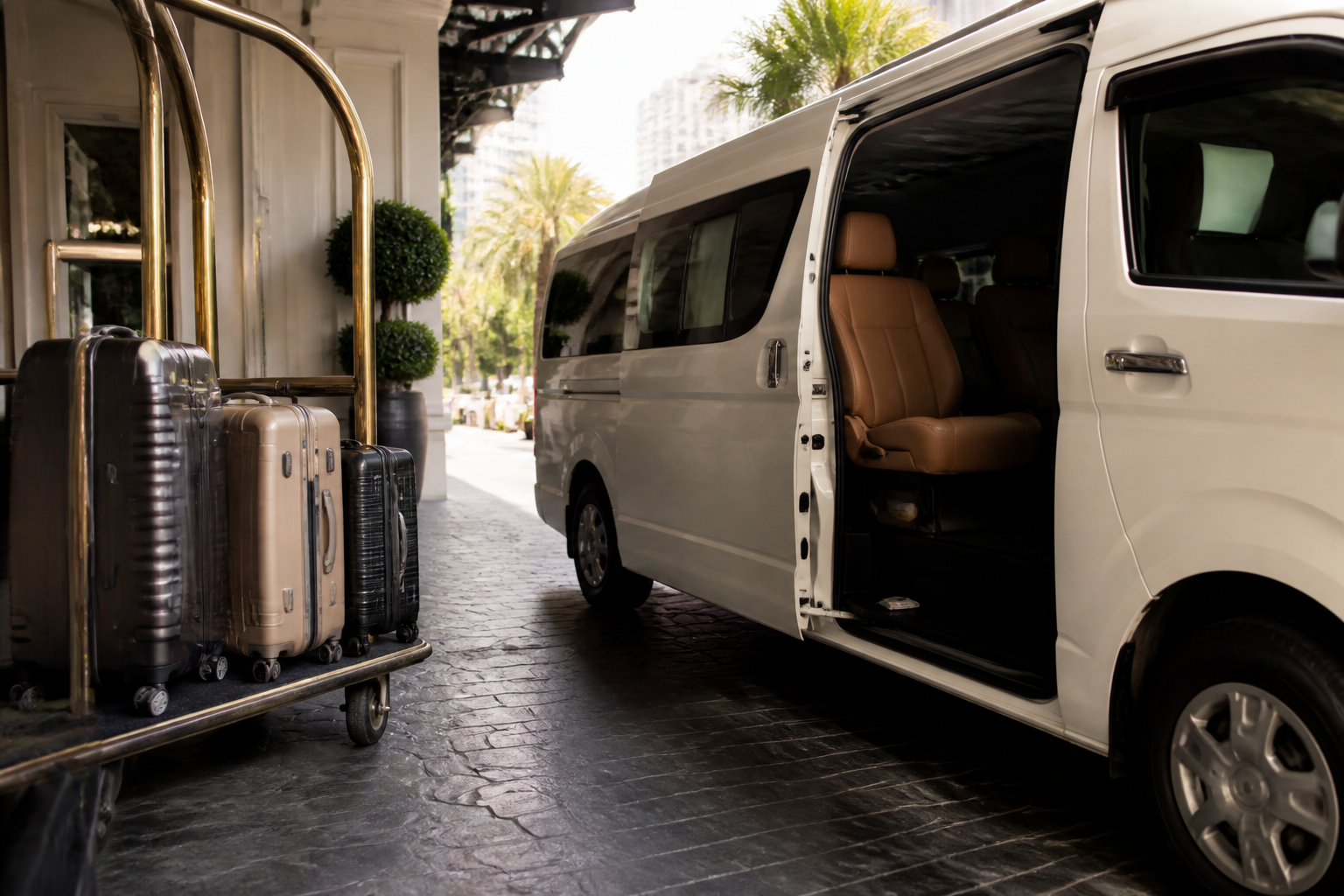Suitcases beside a private van during a Bangkok hotel arrival