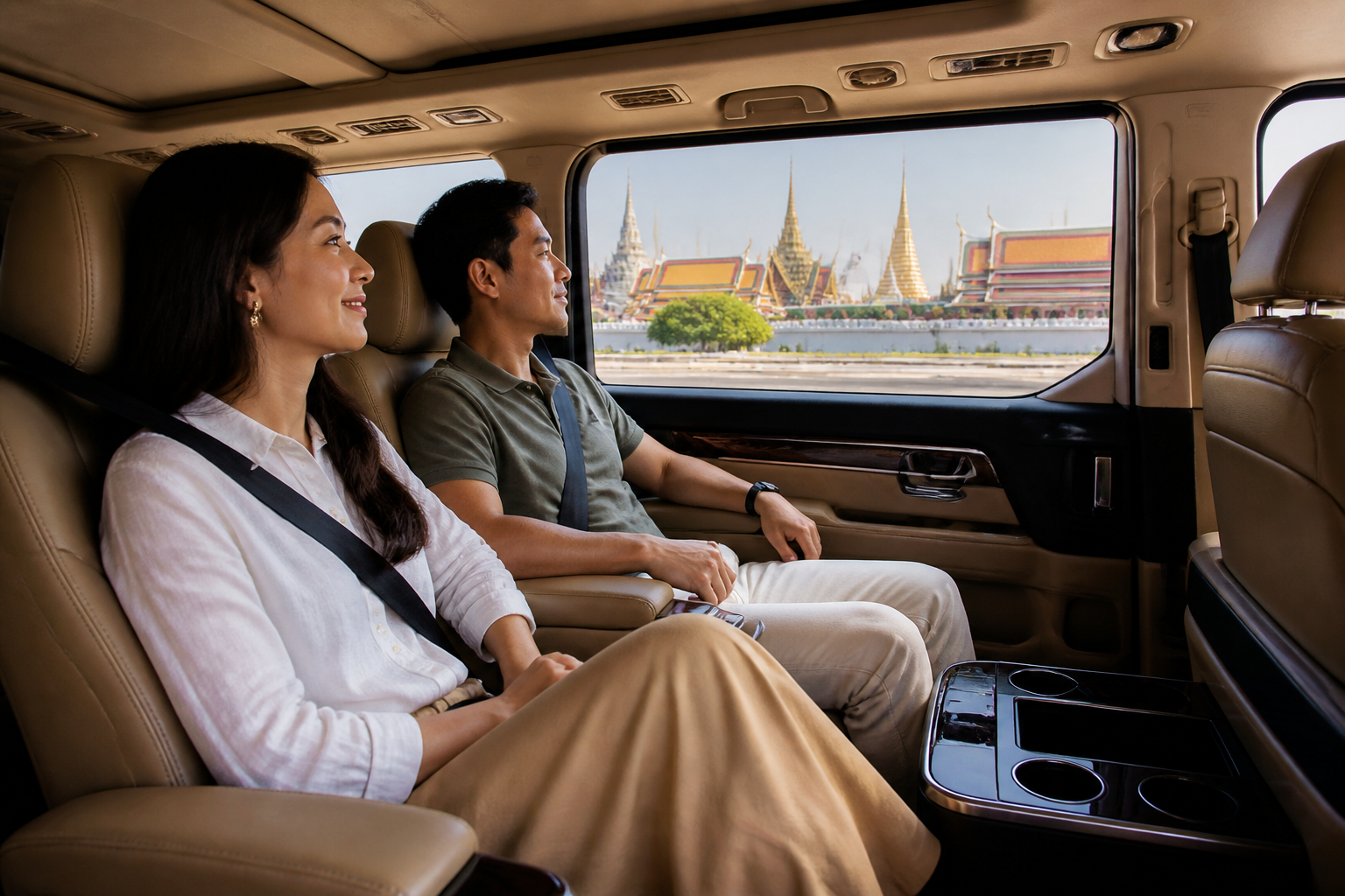 Travelers resting inside a private van after landing in Bangkok