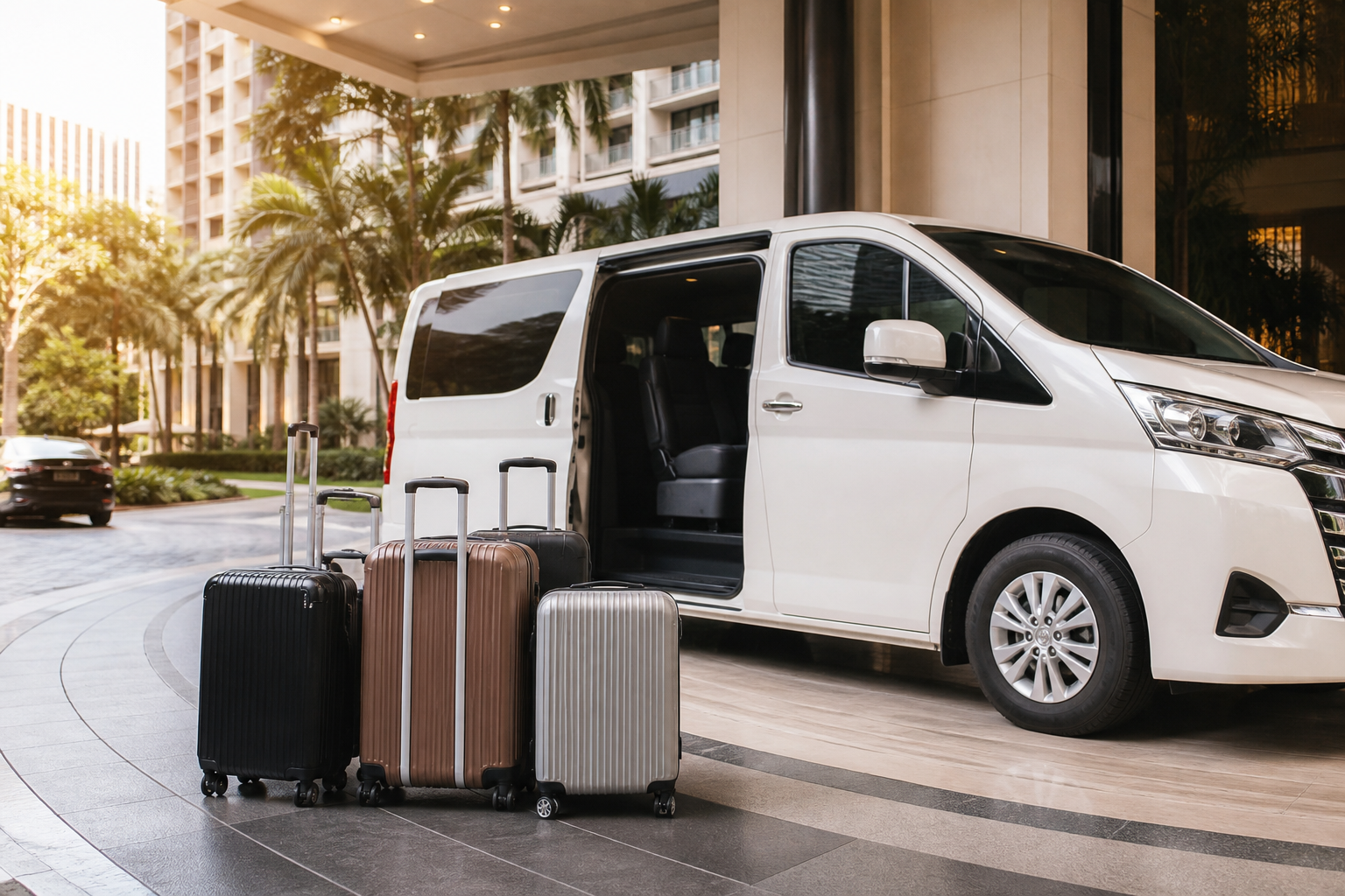 Suitcases beside a private van during a Bangkok hotel arrival