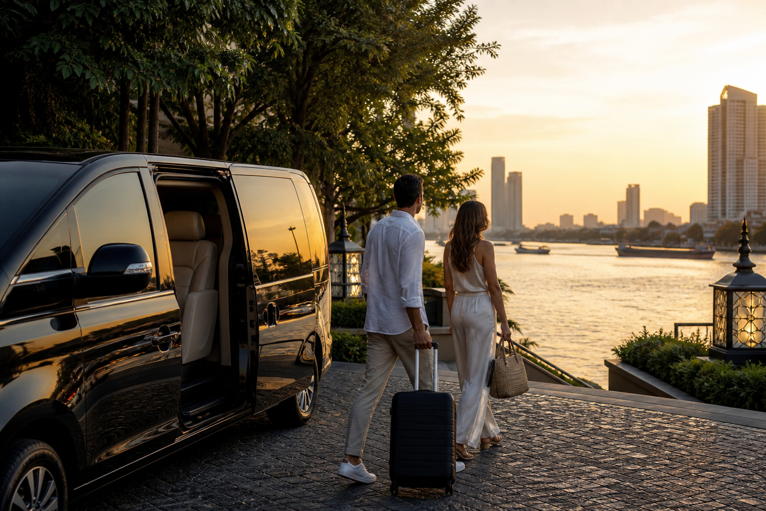 Relaxed Bangkok riverside stop during a private arrival-day route