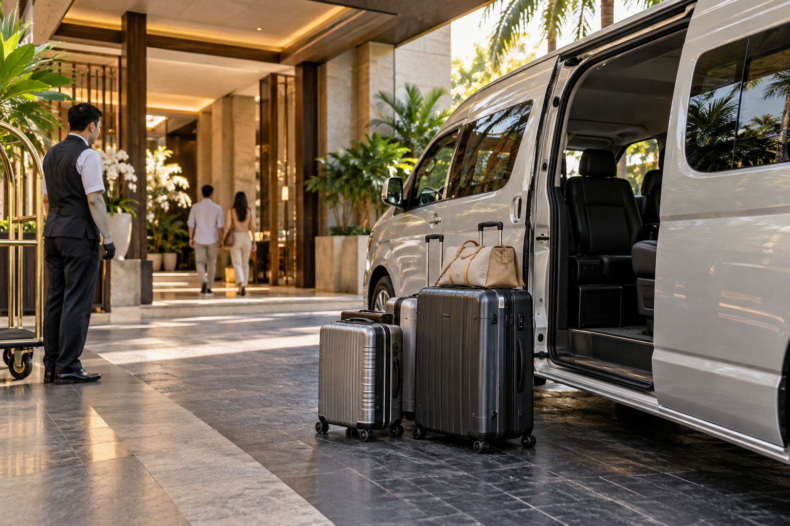 Suitcases beside a private van during a Bangkok hotel arrival