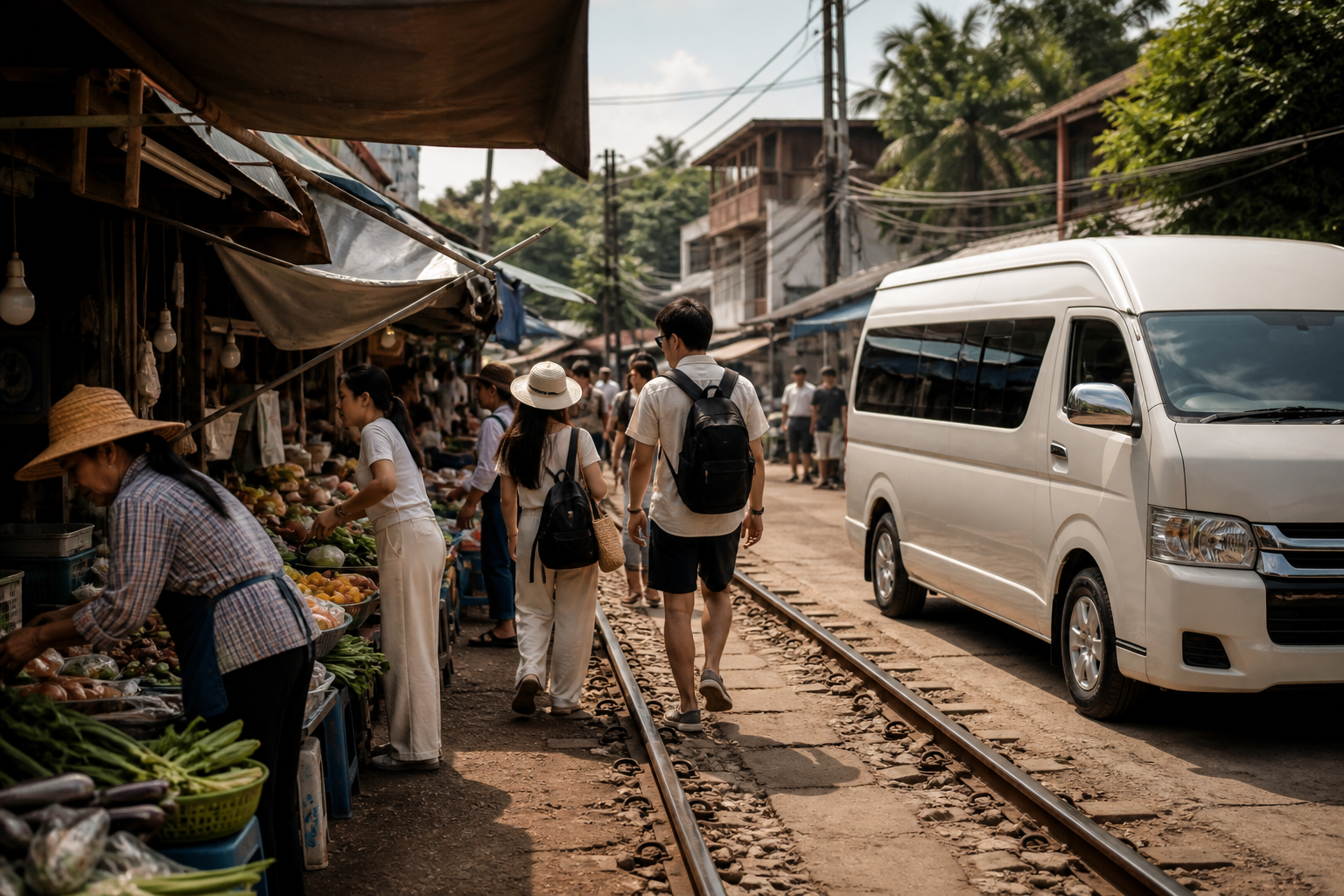 Maeklong market lane during a private van day from Bangkok