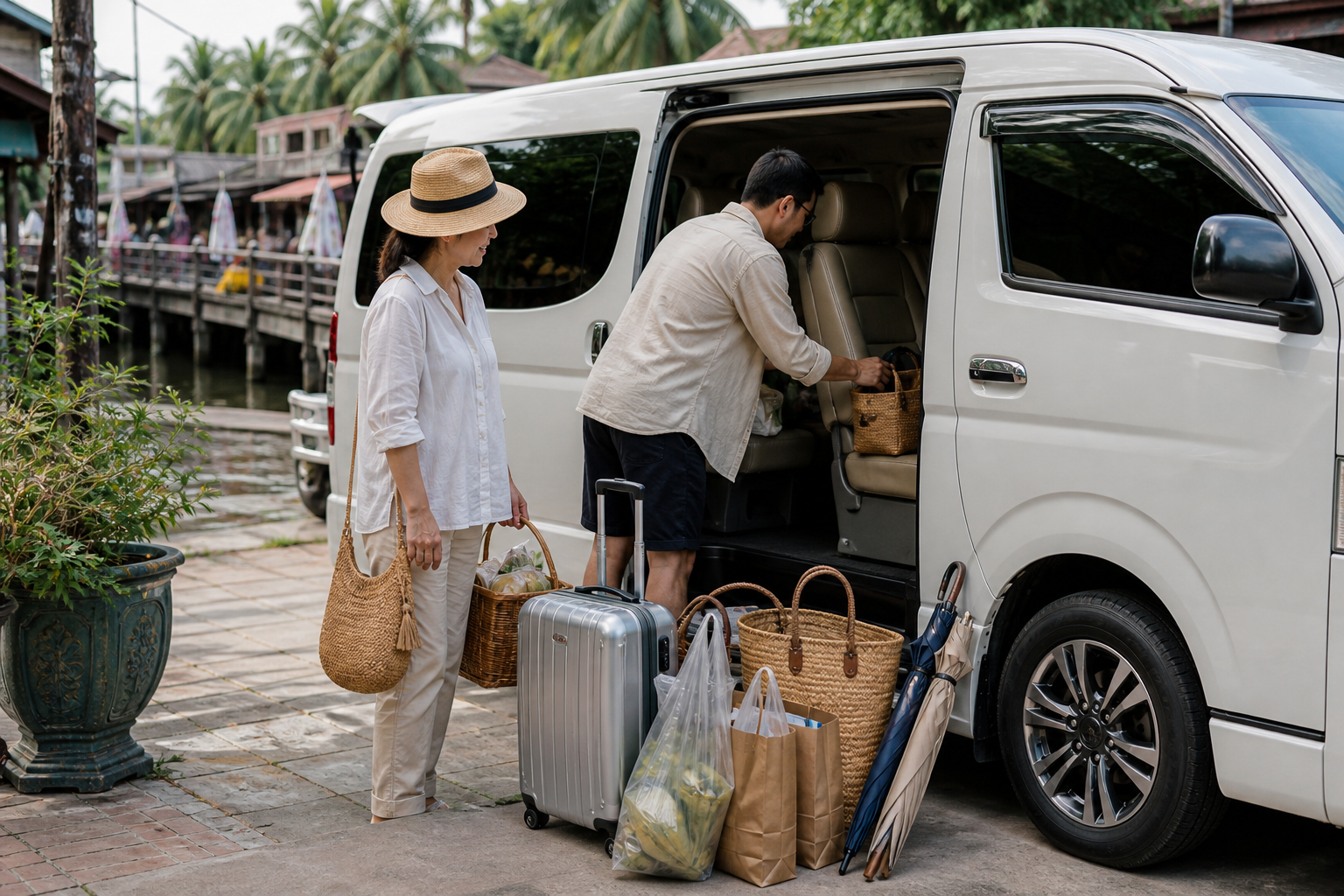 Shopping bags and umbrellas beside a private van after a market day