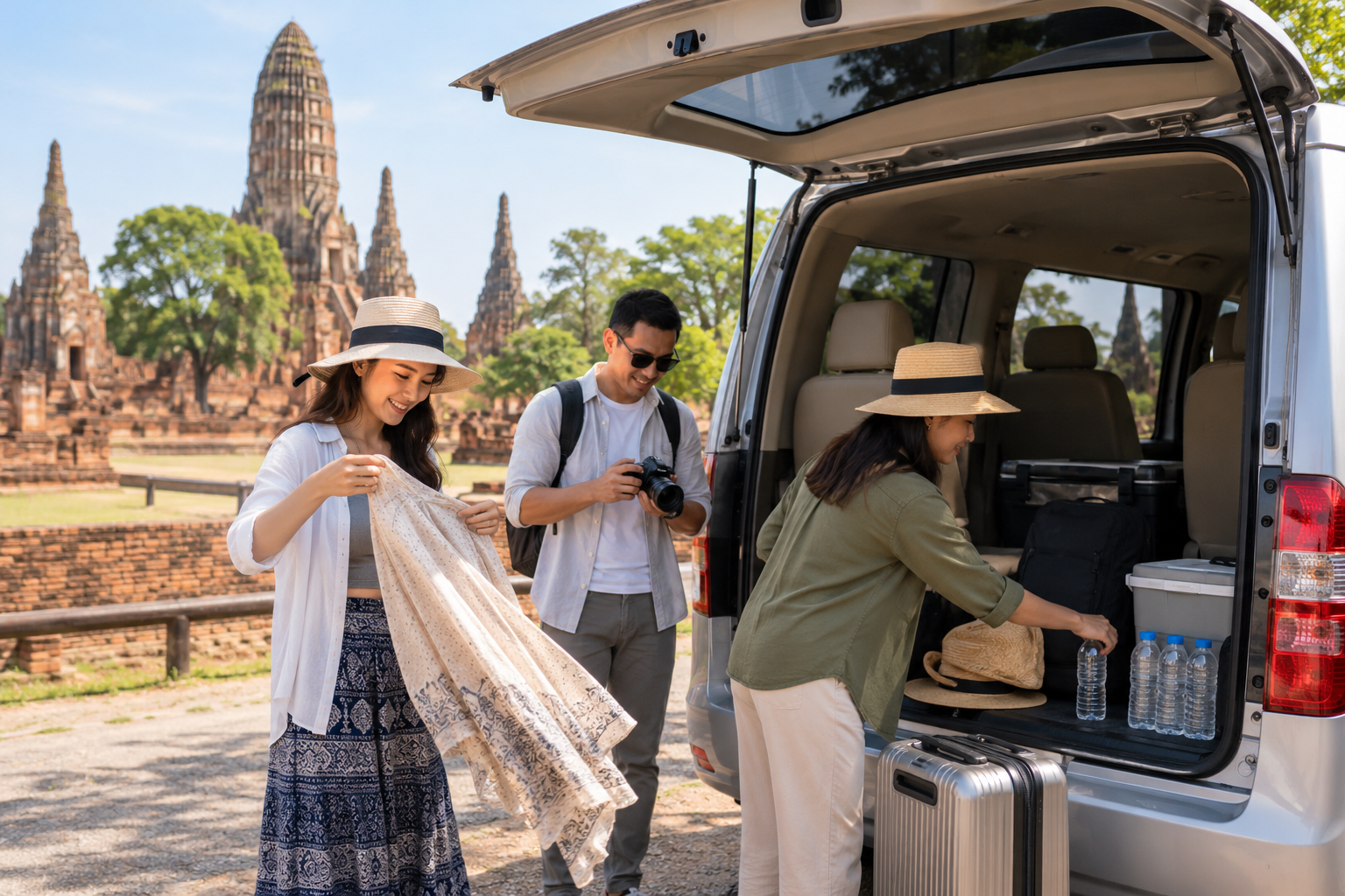 Travel gear beside a private van before an Ayutthaya and Bang Pa-In route