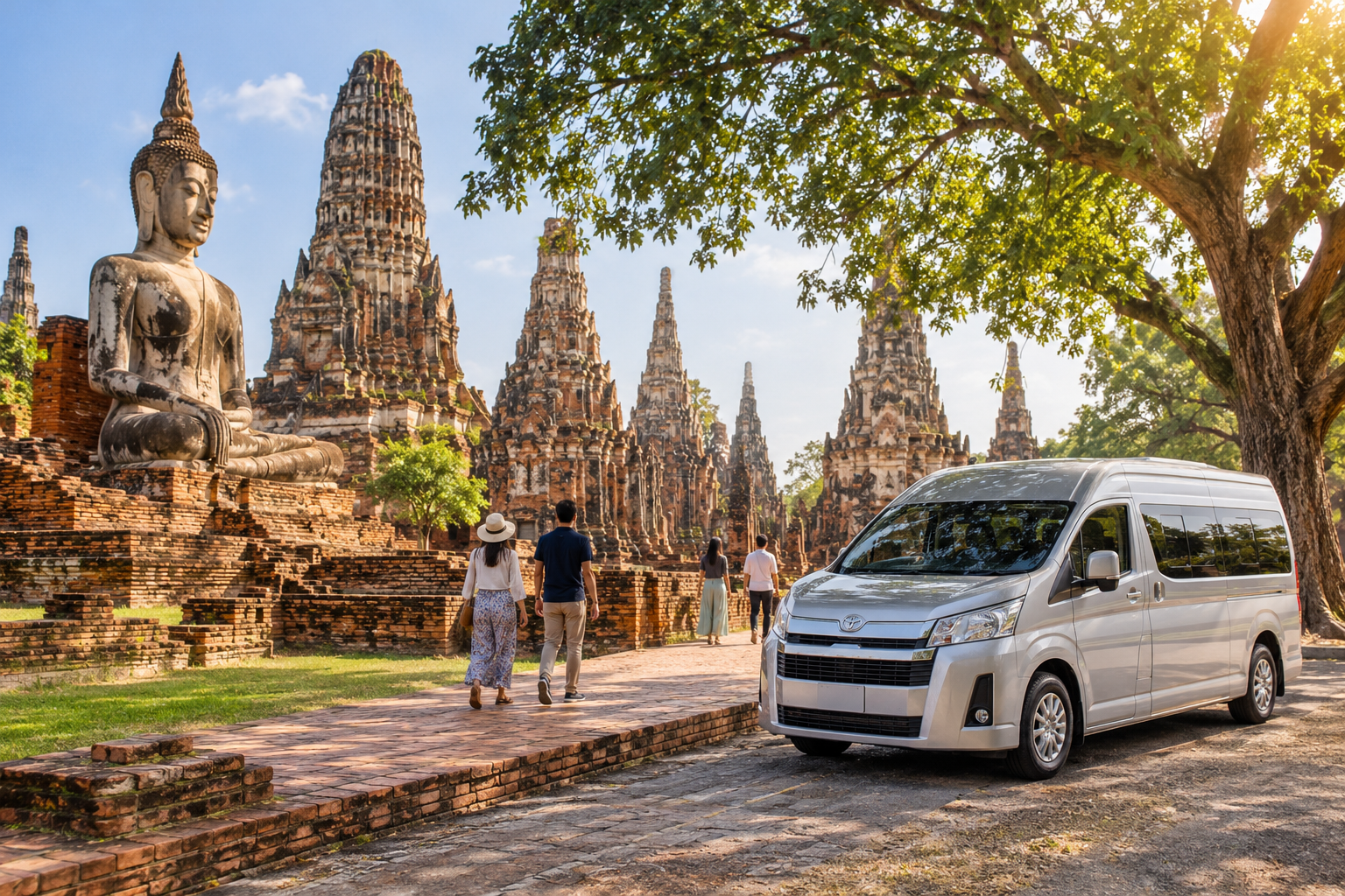 Ayutthaya heritage temple stop with a private van waiting nearby