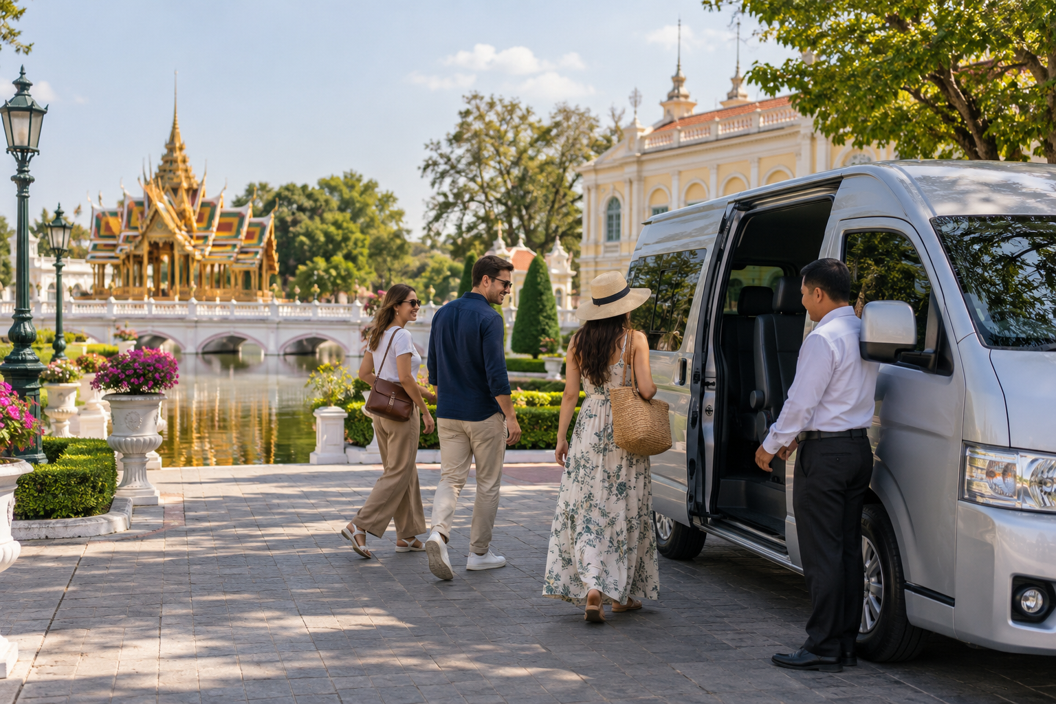 Travelers returning to a private van after a Bang Pa-In heritage walk