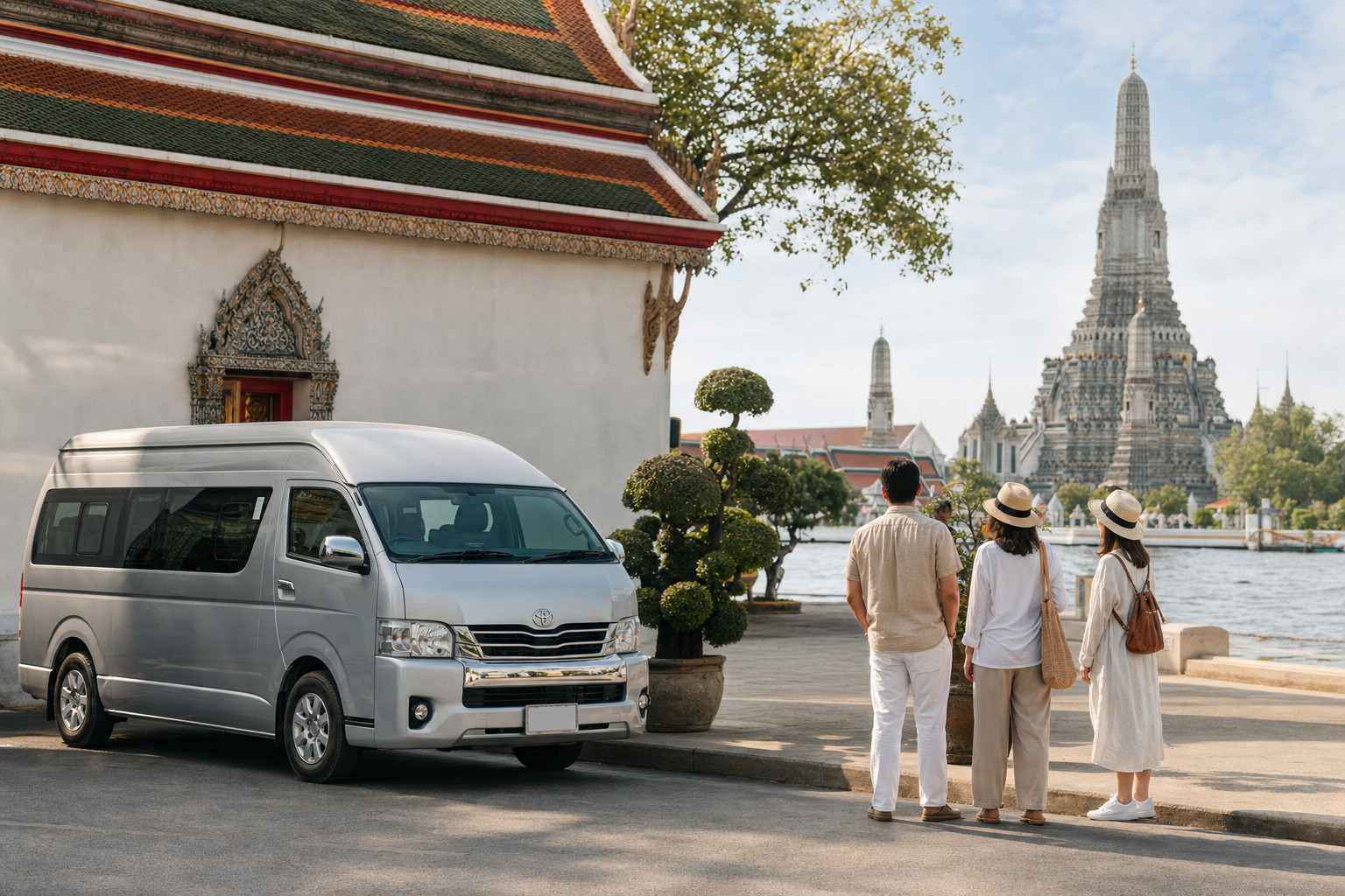 Bangkok temple sightseeing with a private van and riverside heritage atmosphere.
