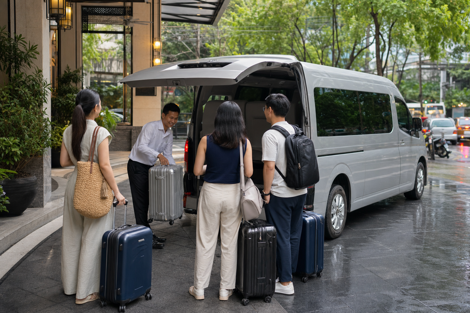 Hotel pickup for a Bangkok temple day in rainy-season weather