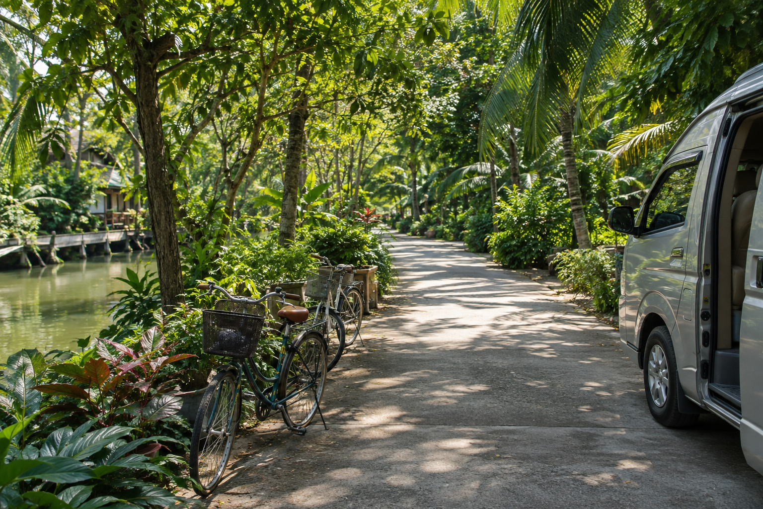 Shaded green lane near Bang Krachao with bicycles and a private van route mood
