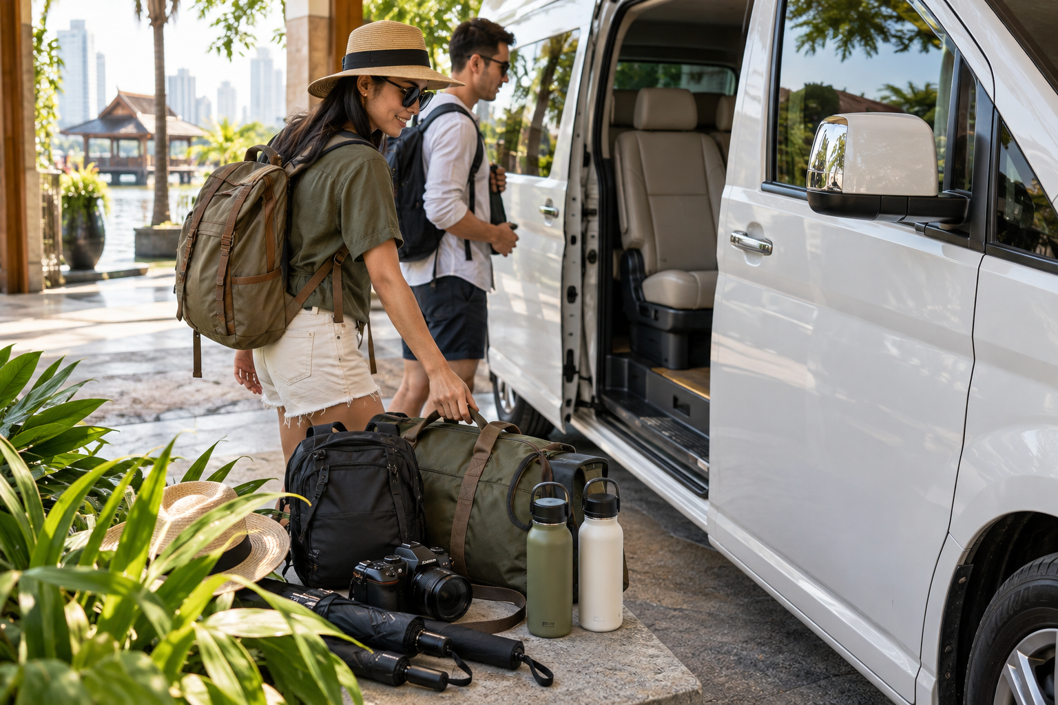Travel essentials beside a private van before a Bangkok green island route