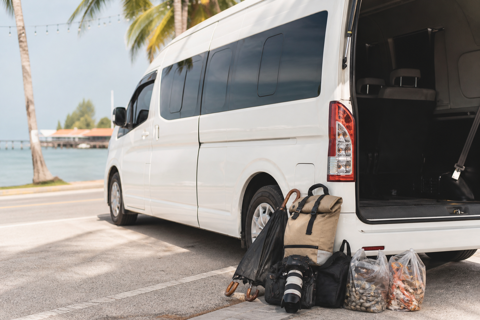 Day bags and seafood shopping beside a private van after a Chonburi coast route
