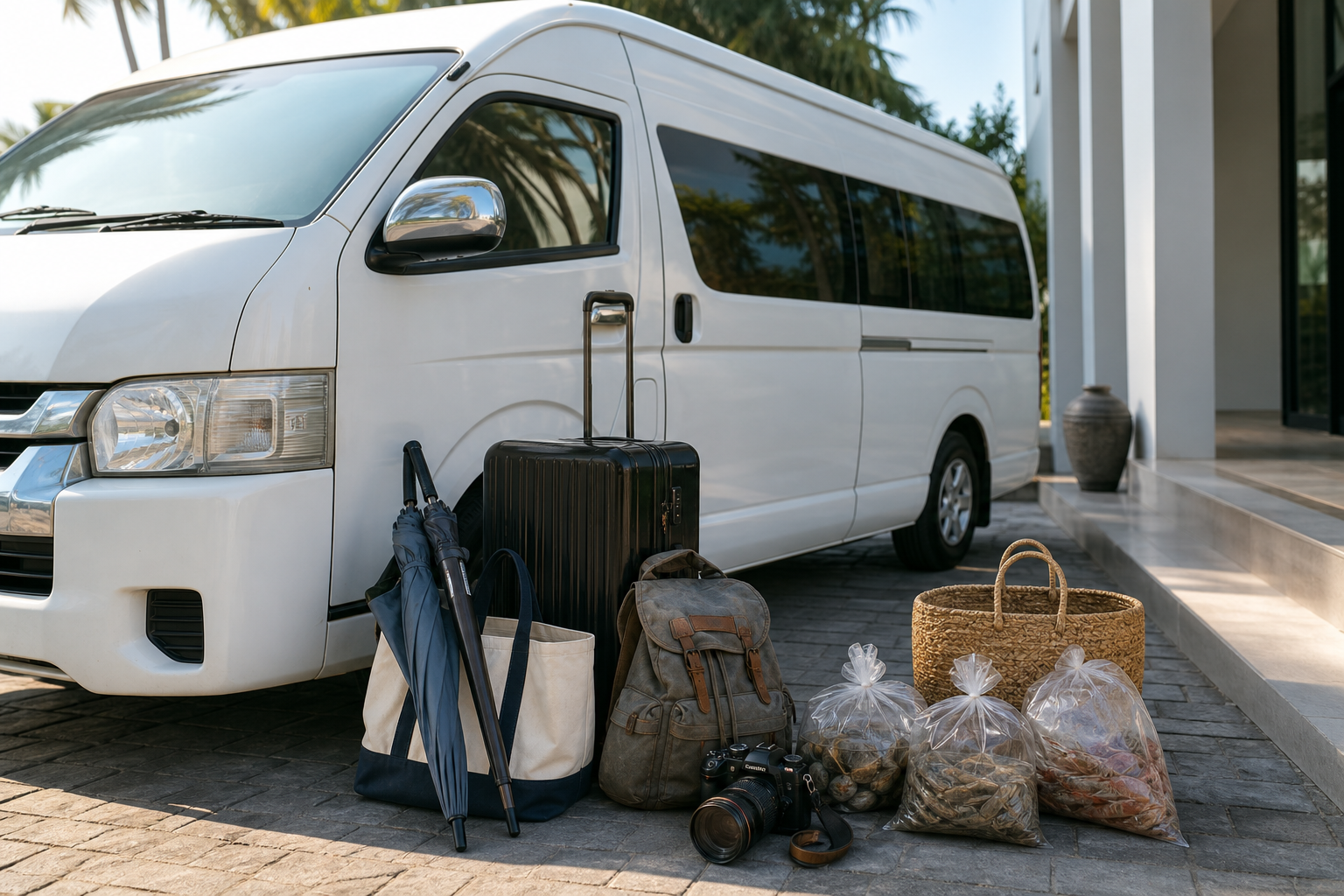 Day bags and seafood shopping beside a private van after a Chonburi coast route