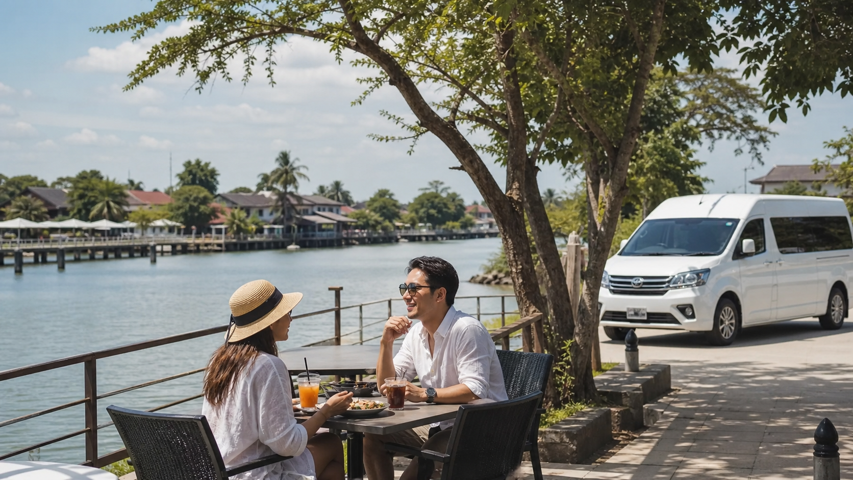 Bang Pakong riverside pause during a private van route