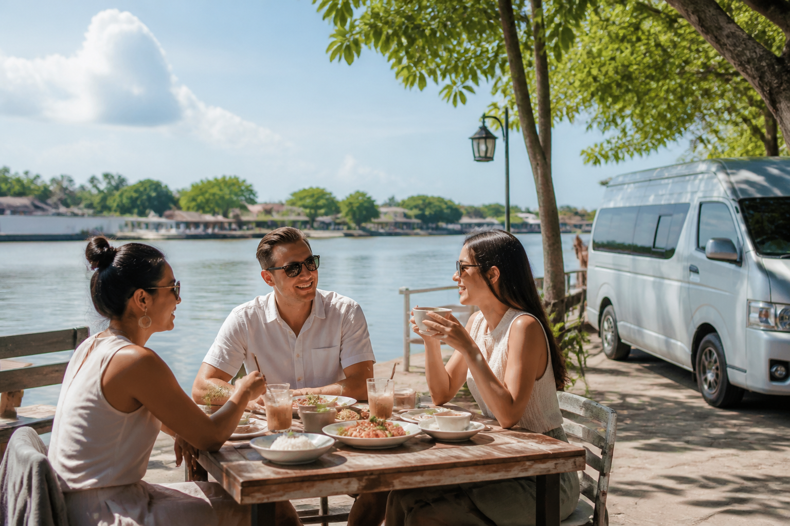 Bang Pakong riverside pause during a private van route