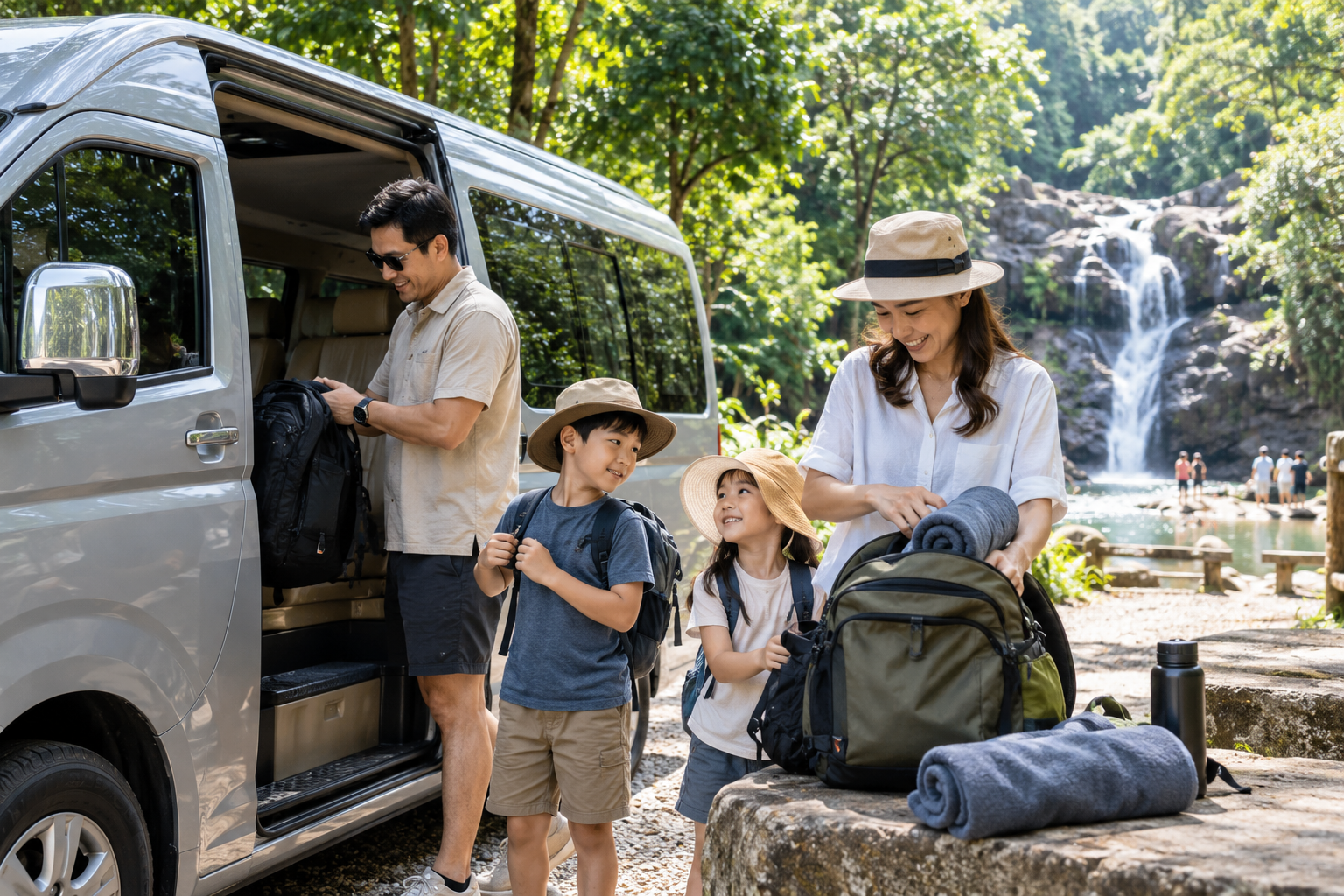 Family preparing day bags beside a private van for a Saraburi waterfall walk