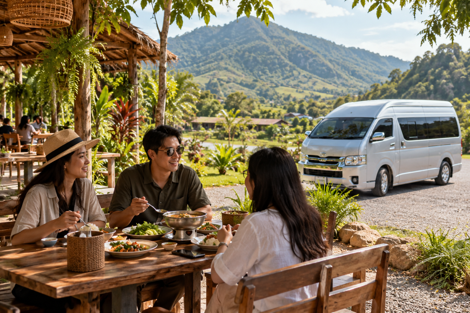 Muak Lek countryside lunch stop with a private van nearby