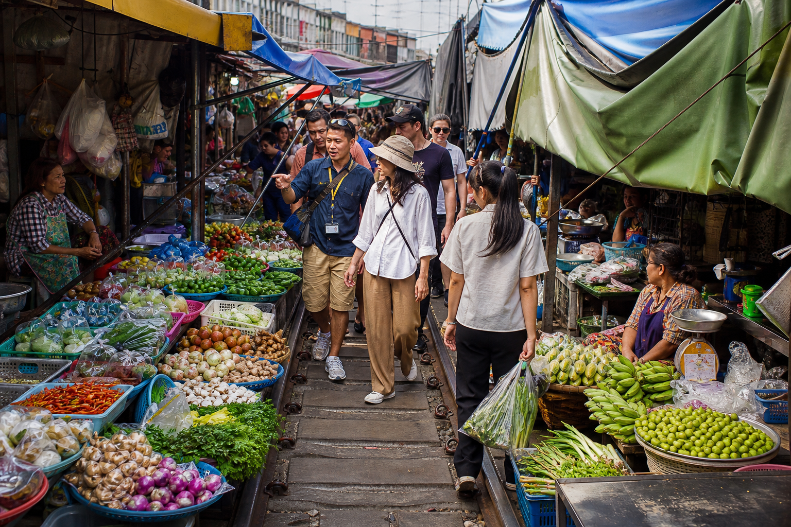 Mae Klong Railway Market produce stalls during a private Bangkok day route