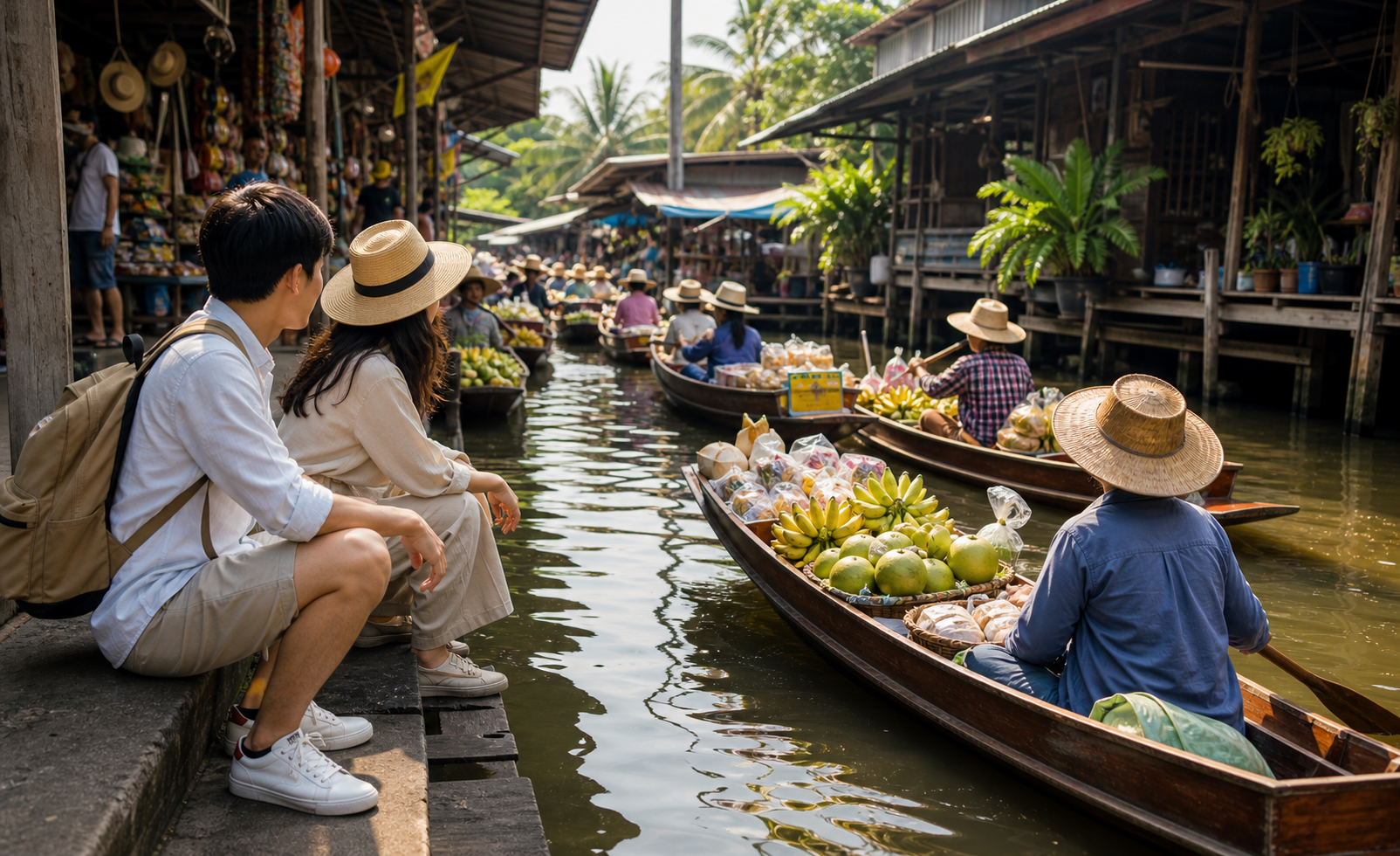 Damnoen Saduak Floating Market canal boats during a private van day trip