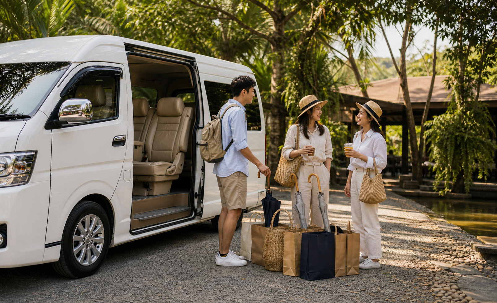 Private van comfort stop with market bags during a Bangkok market route