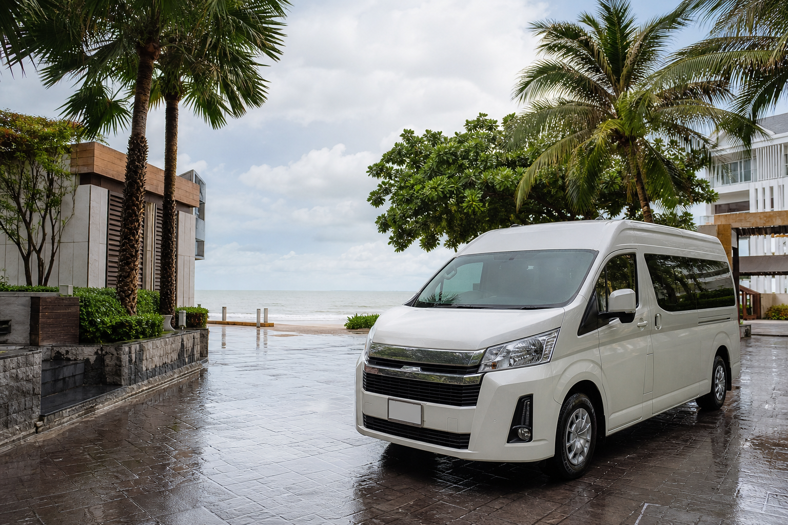 Hua Hin beach arrival by private van after light rain