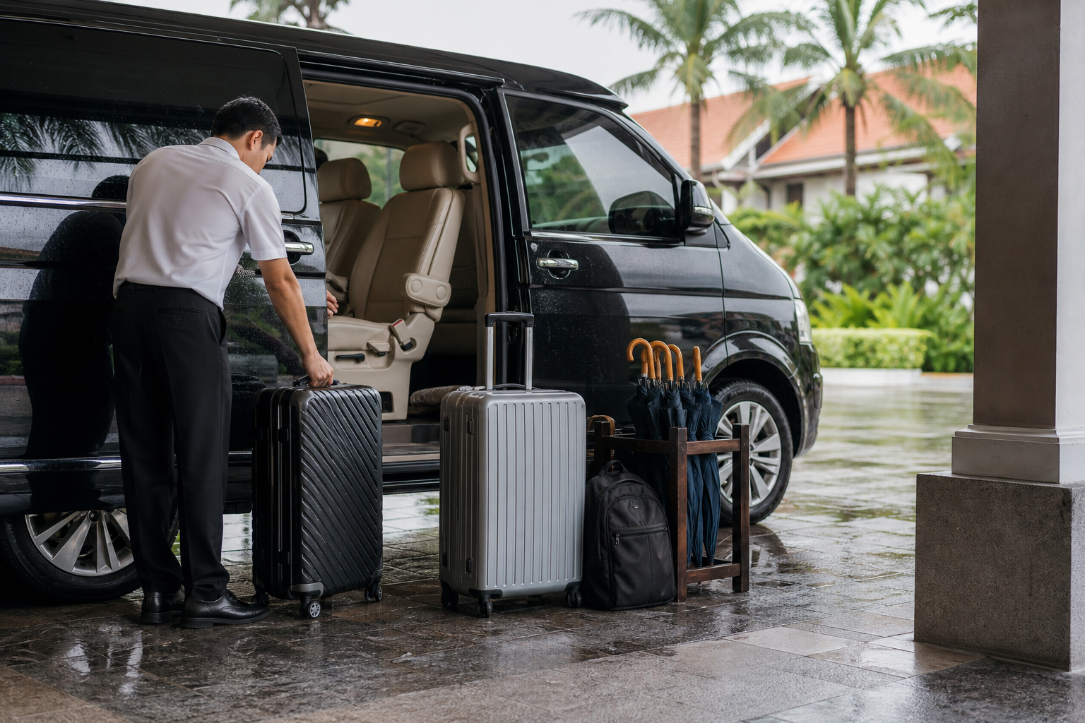 Luggage and umbrellas beside a private van for a Hua Hin transfer