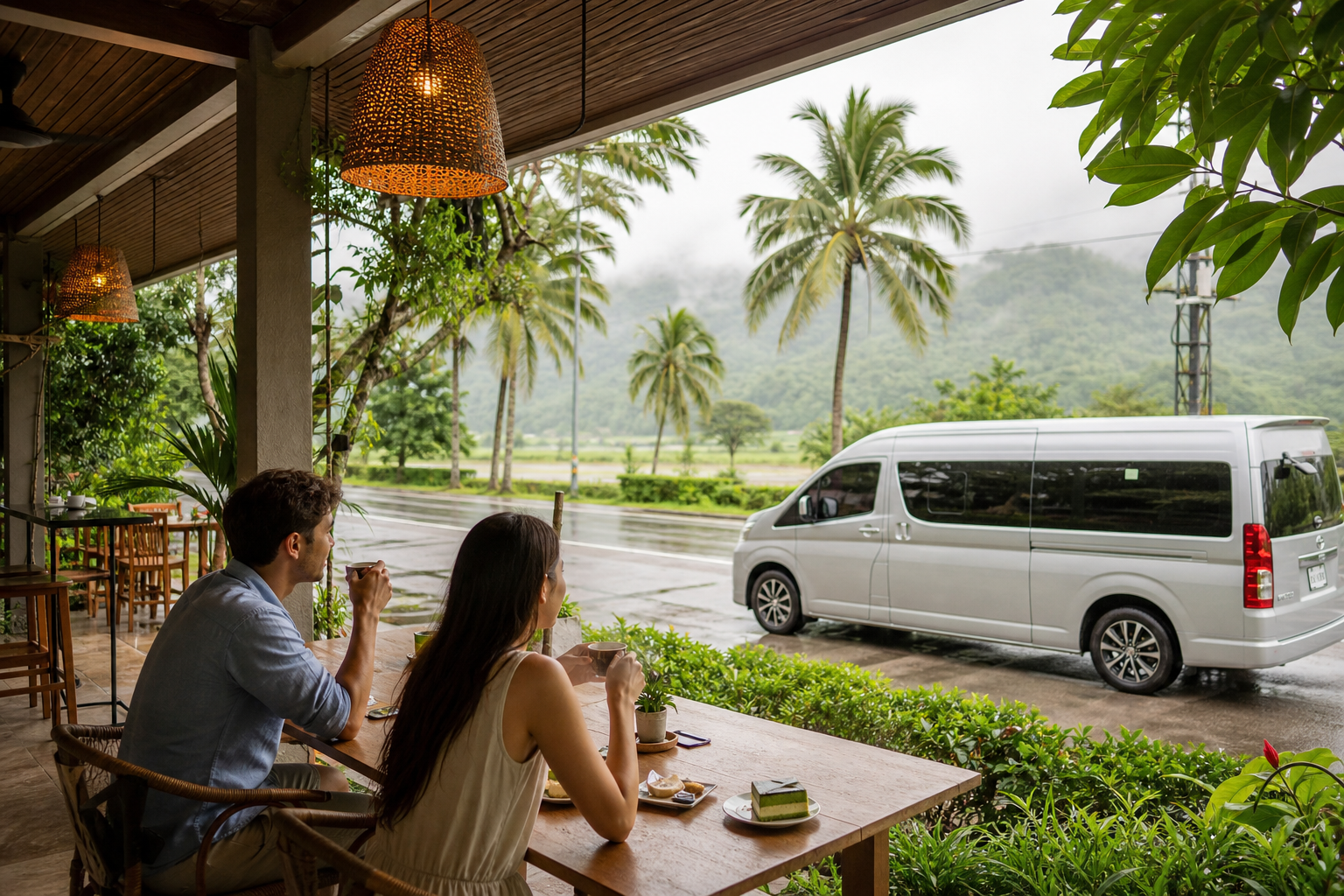 Covered cafe stop during a private van route from Bangkok to Hua Hin