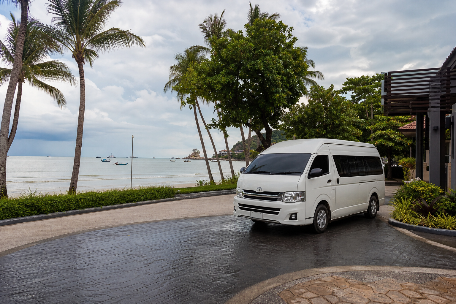 Hua Hin beach arrival by private van after light rain