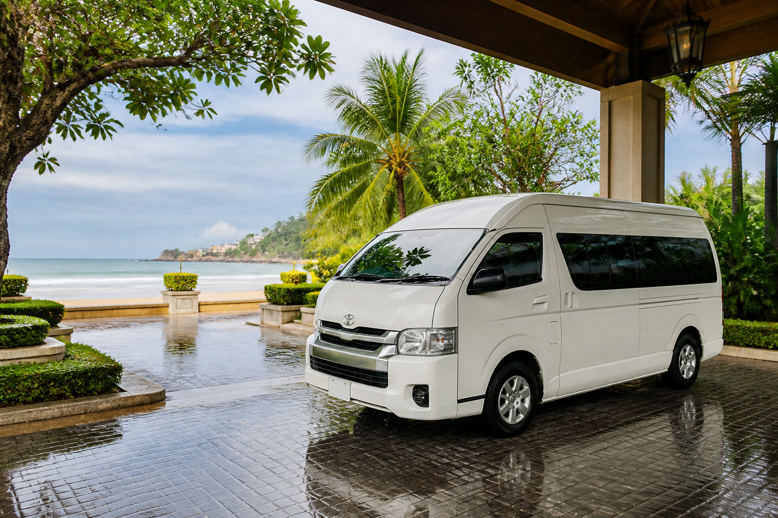Hua Hin beach arrival by private van after light rain